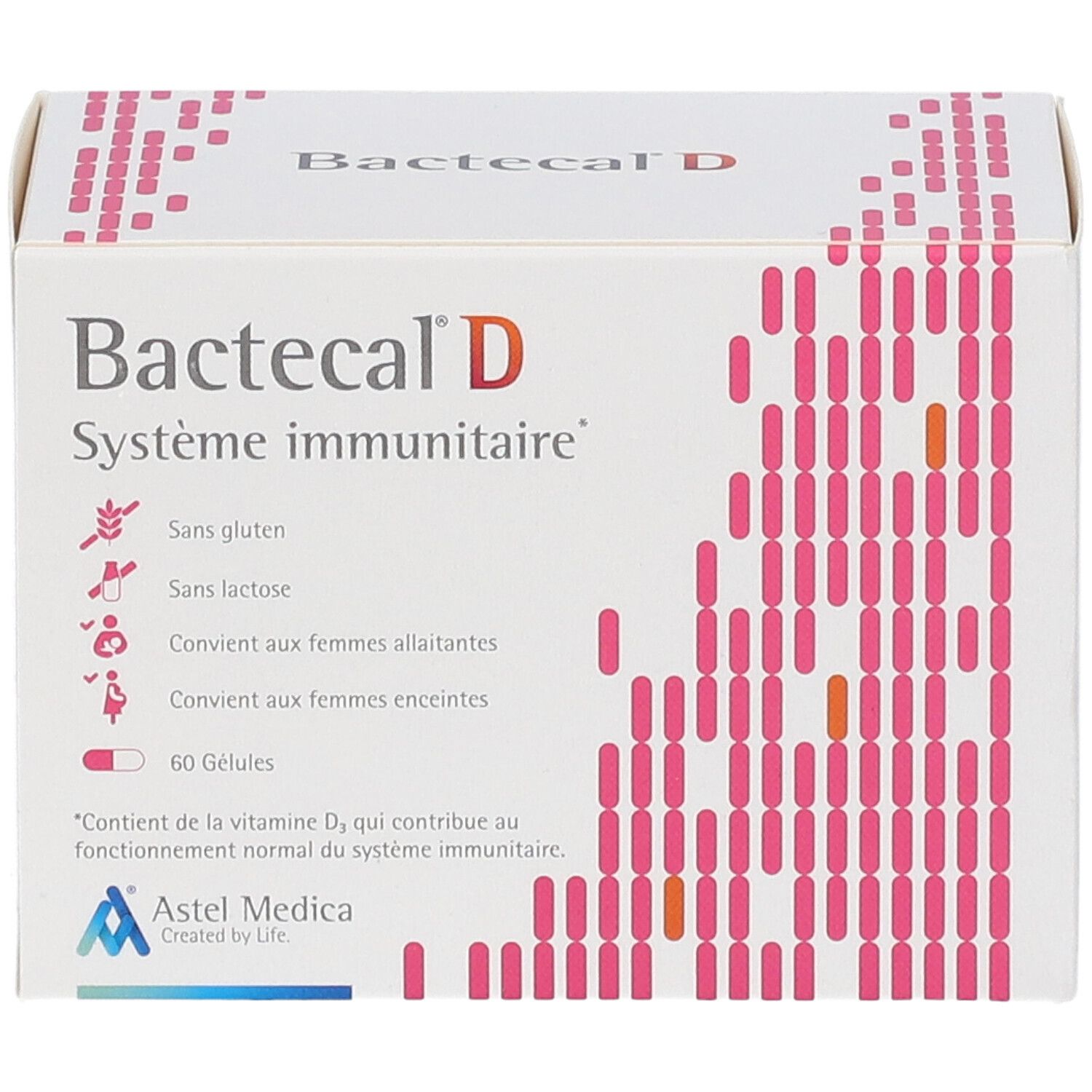 Witte doos met rode tekst Bactecal D, Système immunitaire. Bevat 60 capsules. Astel Medica logo.