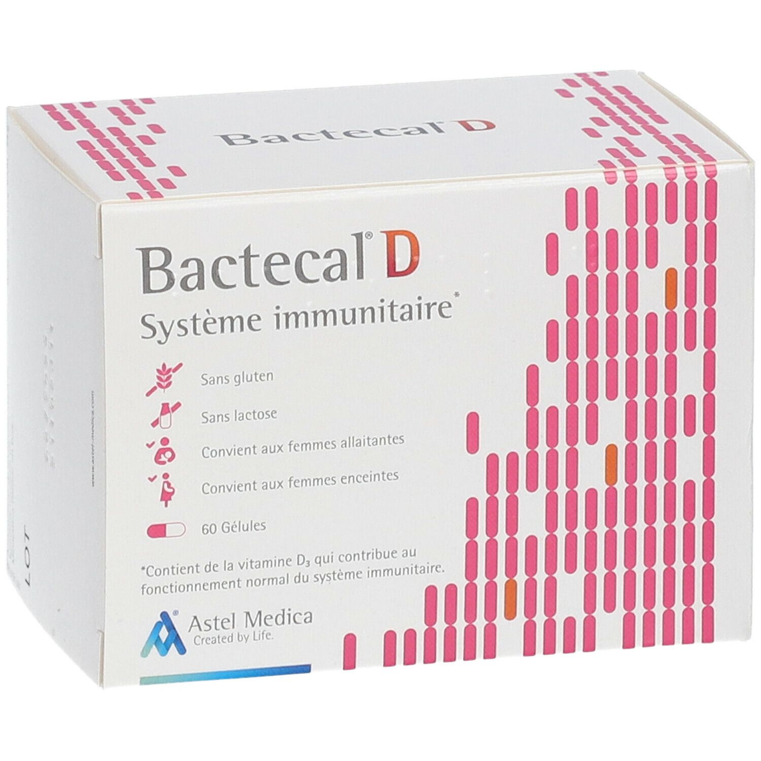 Witte doos met rode tekst Bactecal D, Système immunitaire. Bevat 60 capsules. Astel Medica logo.