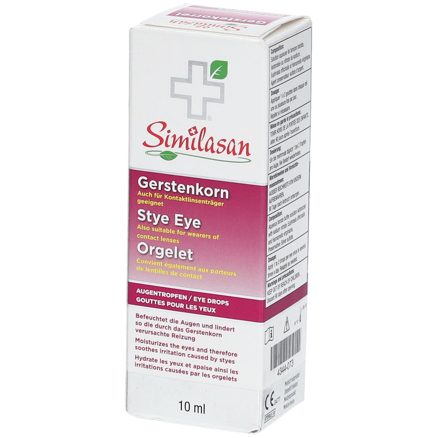 Similasan oogdruppelverpakking. Gerstenkorn-product. Fles van 10 ml. Tekst: Bevochtigt de ogen en verzacht irritatie.
