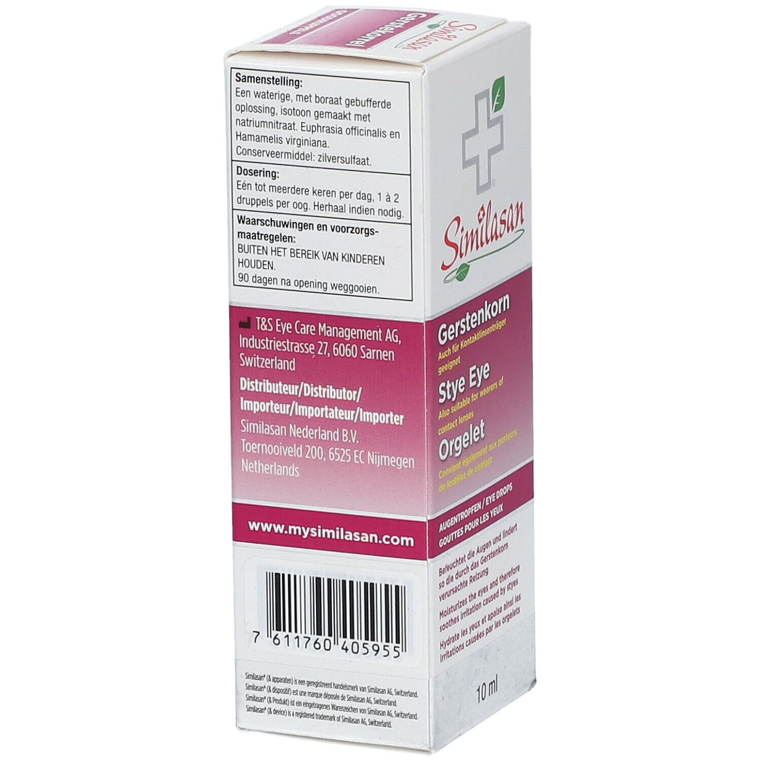 Achterkant van de Similasan oogdruppelverpakking. Productinformatie, barcode en contactgegevens. Fles van 10 ml.