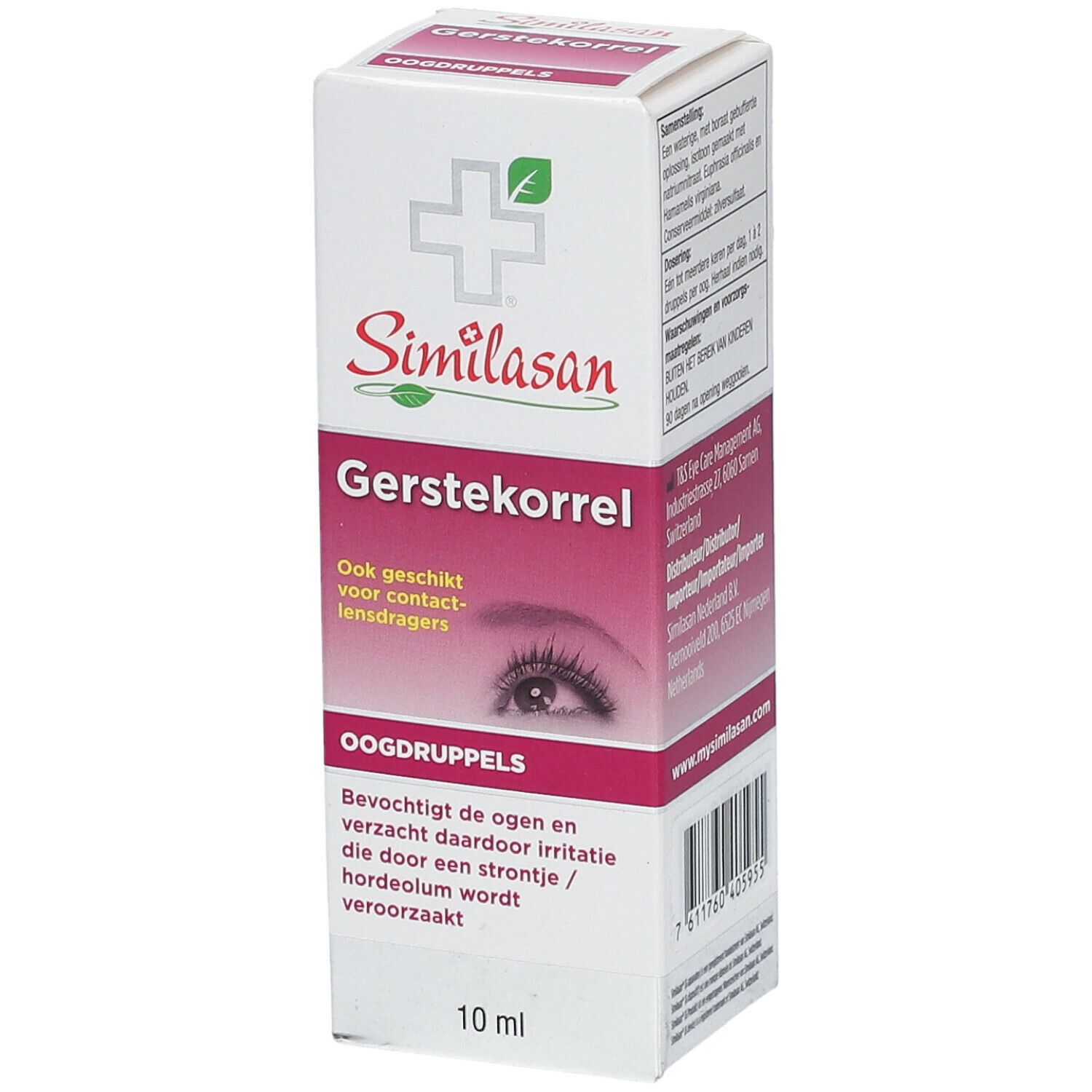 Similasan oogdruppelverpakking. Gerstekorrel-product. Fles van 10 ml. Afbeelding van een oog. Tekst: Bevochtigt en verzacht irritatie.