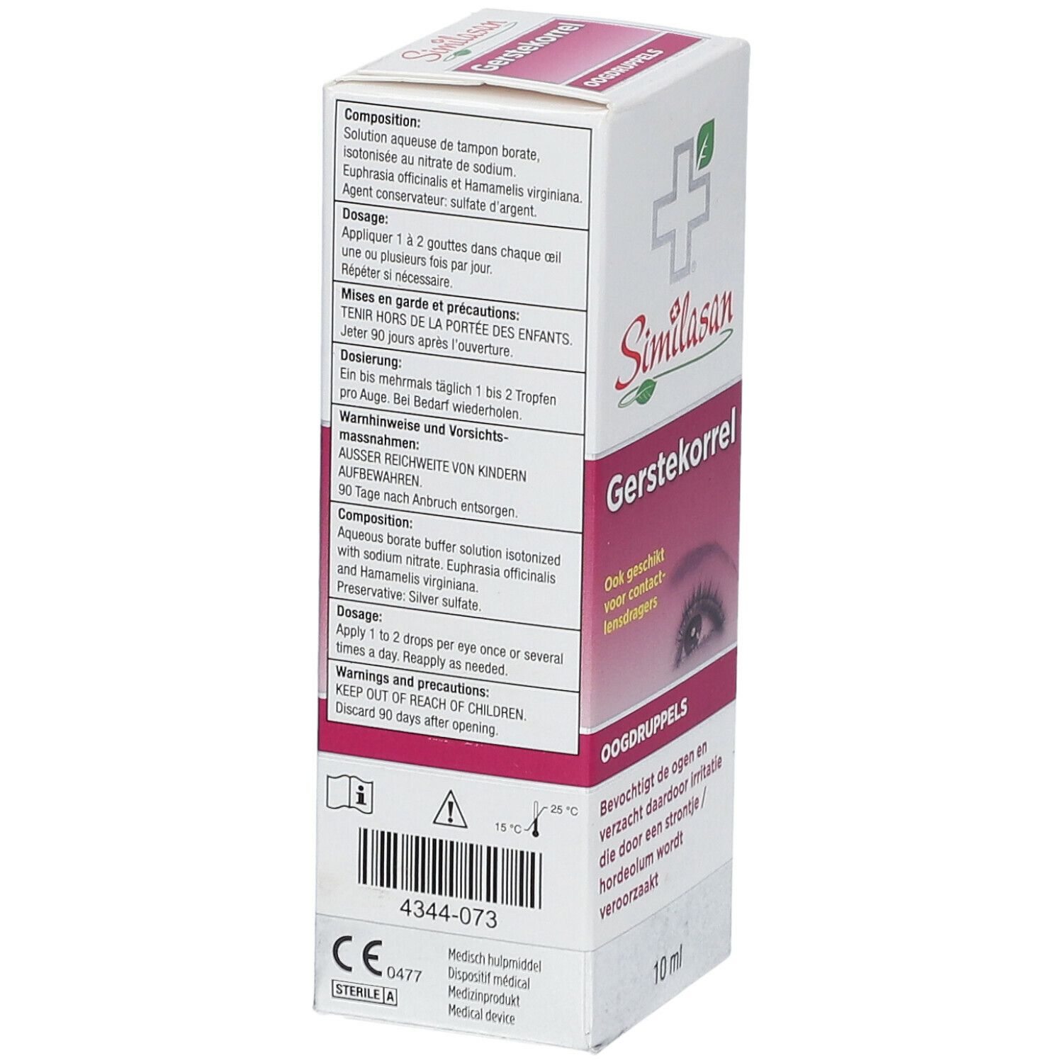 Achterkant van de Similasan oogdruppelverpakking. Productinformatie, ingrediënten, gebruik. Fles van 10 ml.