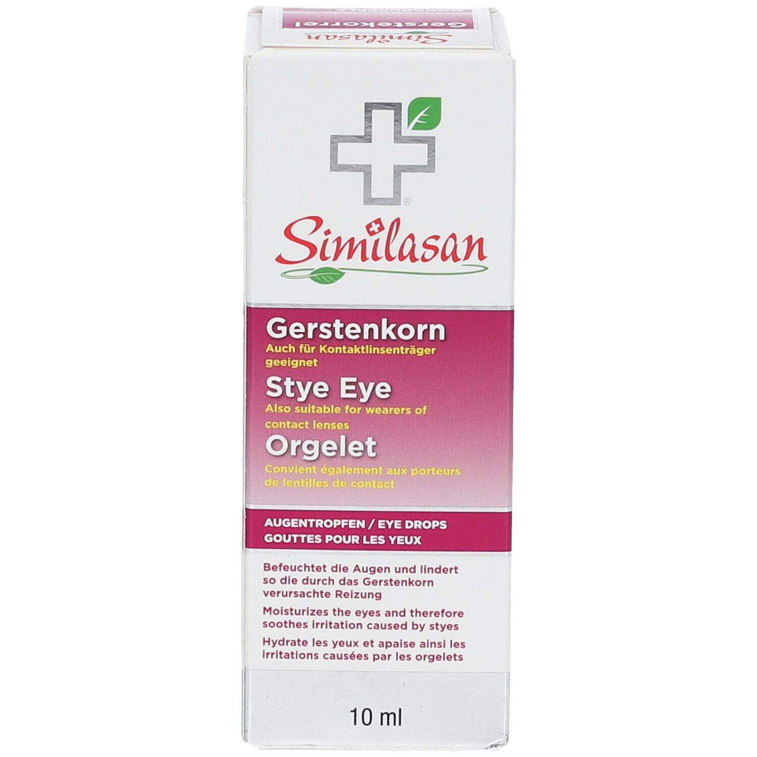 Similasan oogdruppelverpakking. Gerstenkorn-product. Fles van 10 ml. Tekst: Bevochtigt de ogen en verzacht irritatie.