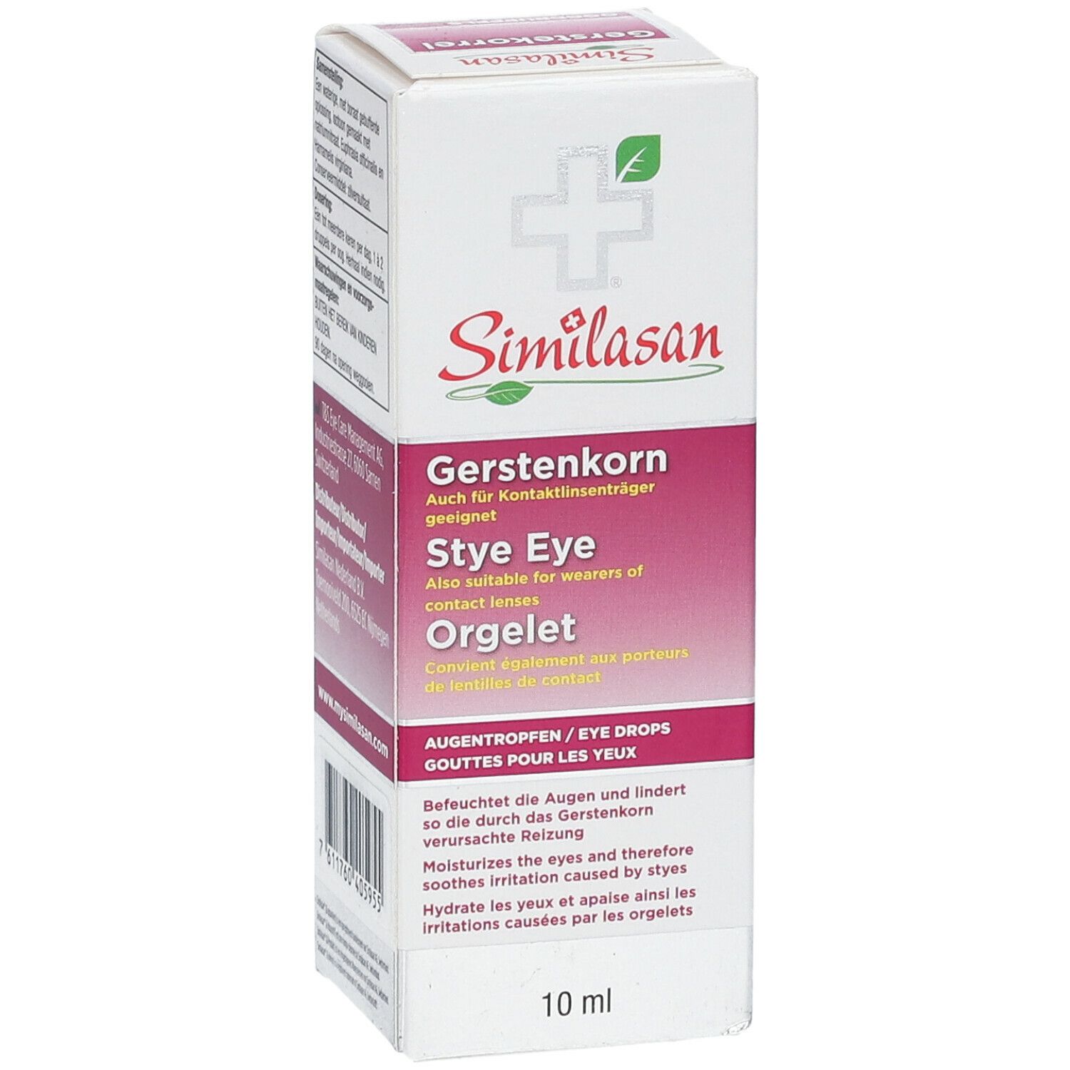 Similasan oogdruppelverpakking. Gerstenkorn-product. Fles van 10 ml. Tekst: Bevochtigt de ogen en verzacht irritatie.