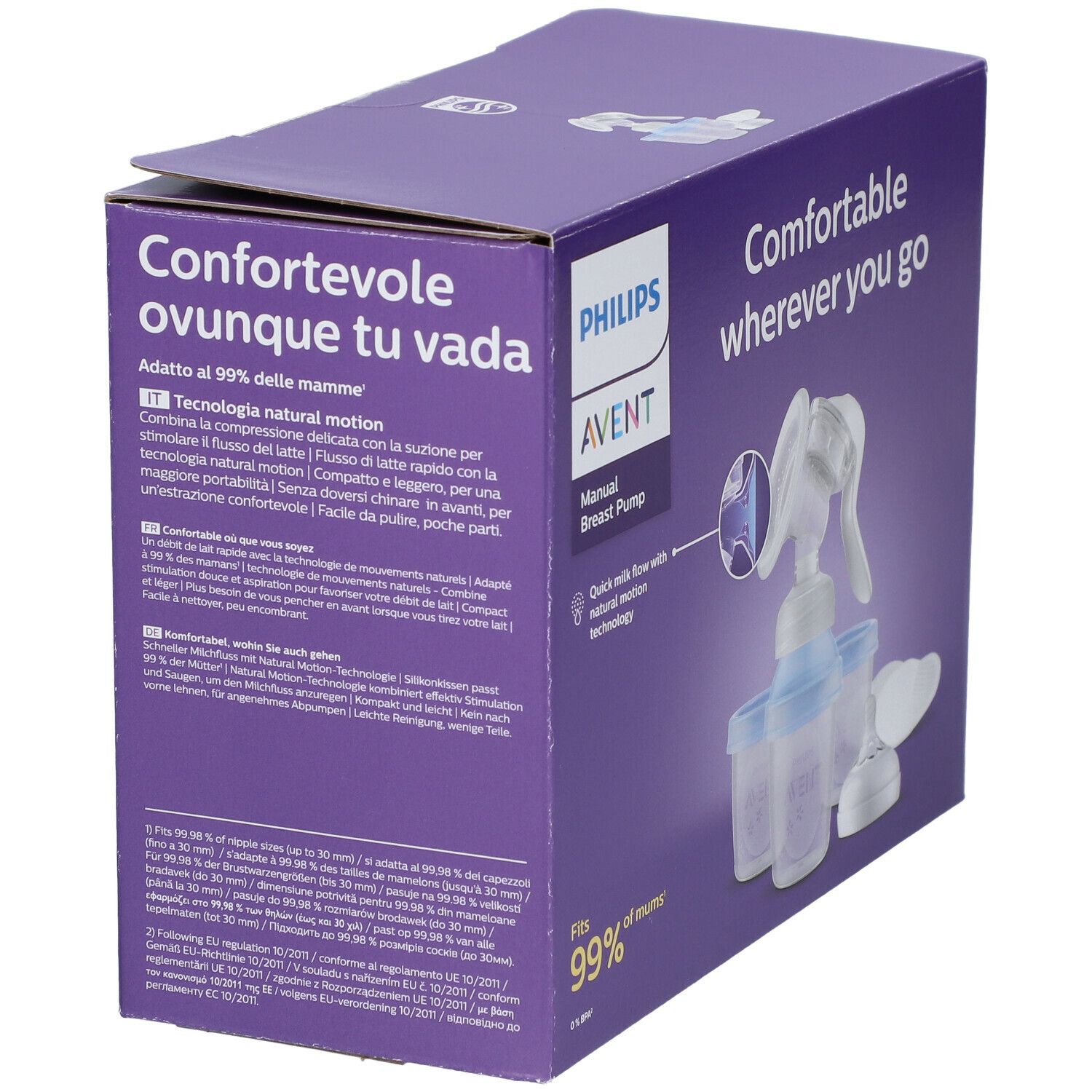 Verpackung der AVENT Handmilchpumpe mit Flasche. Produktabbildung und Text auf der Verpackung. Lila Verpackung mit Produktabbildung.