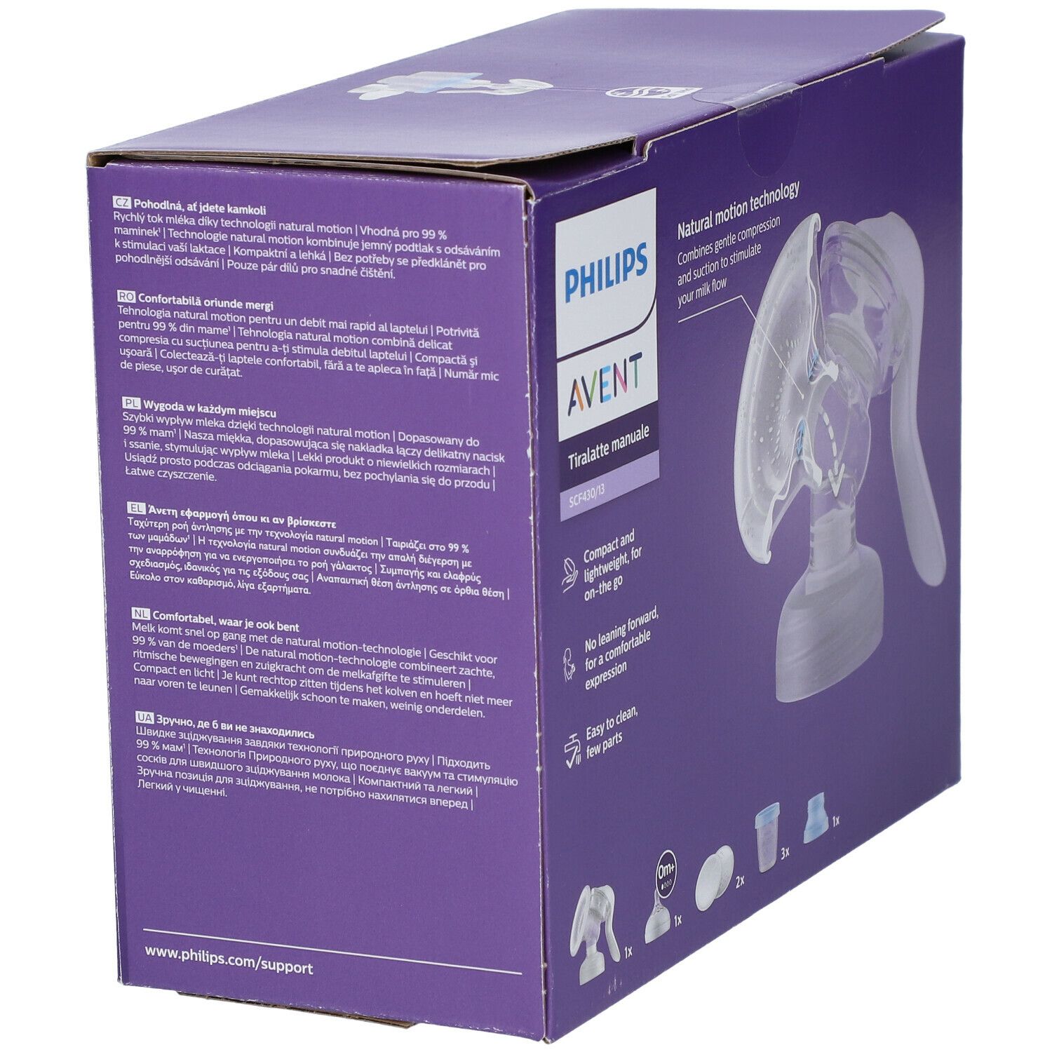 Verpackung der AVENT Handmilchpumpe mit Flasche. Produktabbildung und Text auf der Verpackung. Lila Verpackung mit Produktabbildung.