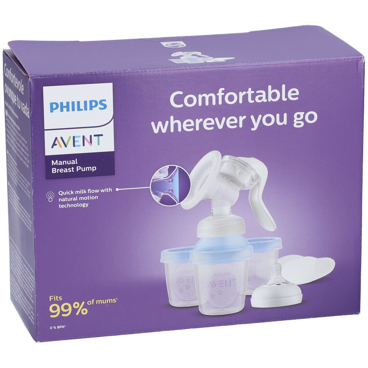 Verpackung der AVENT Handmilchpumpe mit Flasche. Enthält Pumpe, Flaschen und Zubehör. Lila Verpackung mit Produktabbildung.