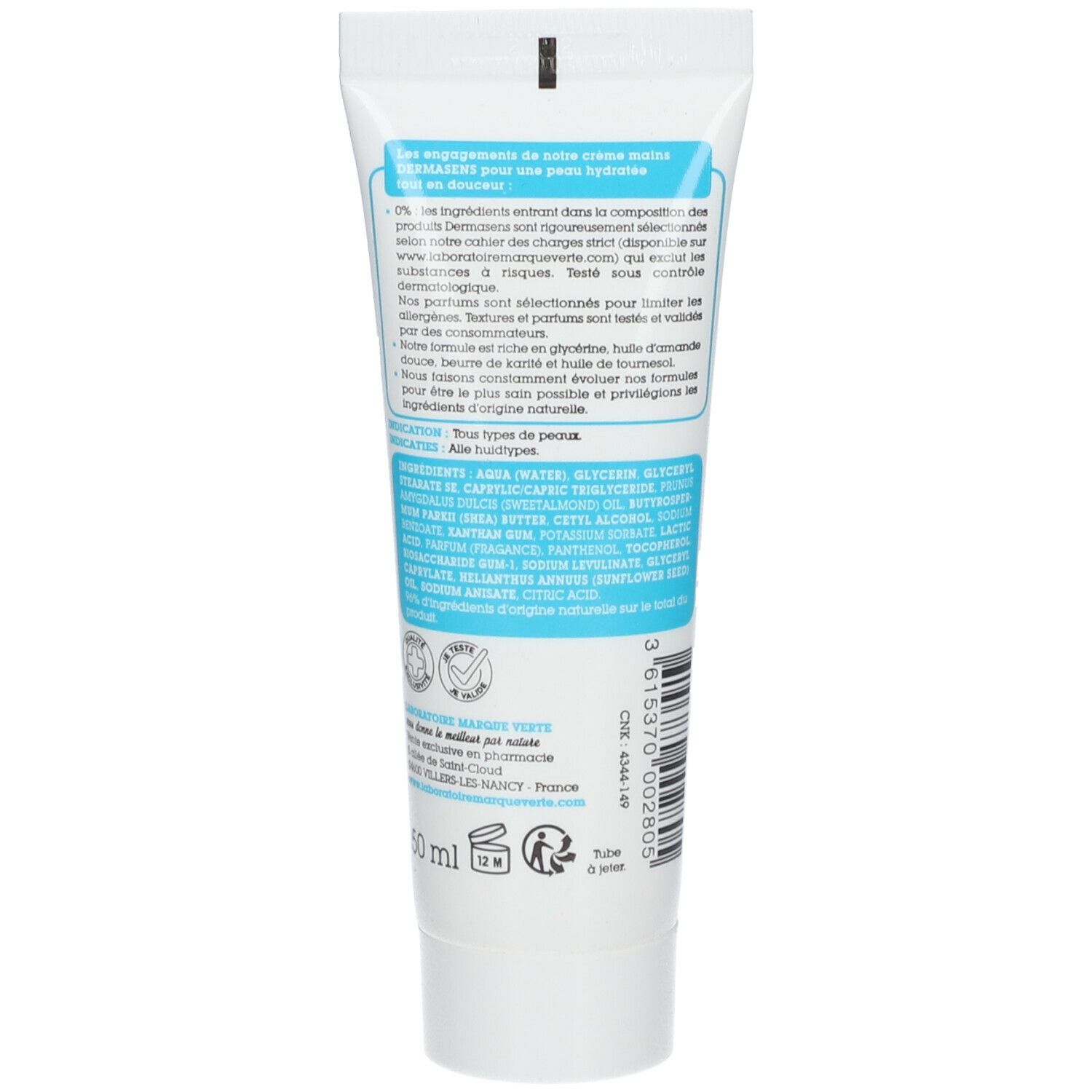 Dos du tube. Texte: Ingrédients, 96% ingrédients d'origine naturelle. Laboratoire Marque Verte. 50 ml. Fabriqué en France.