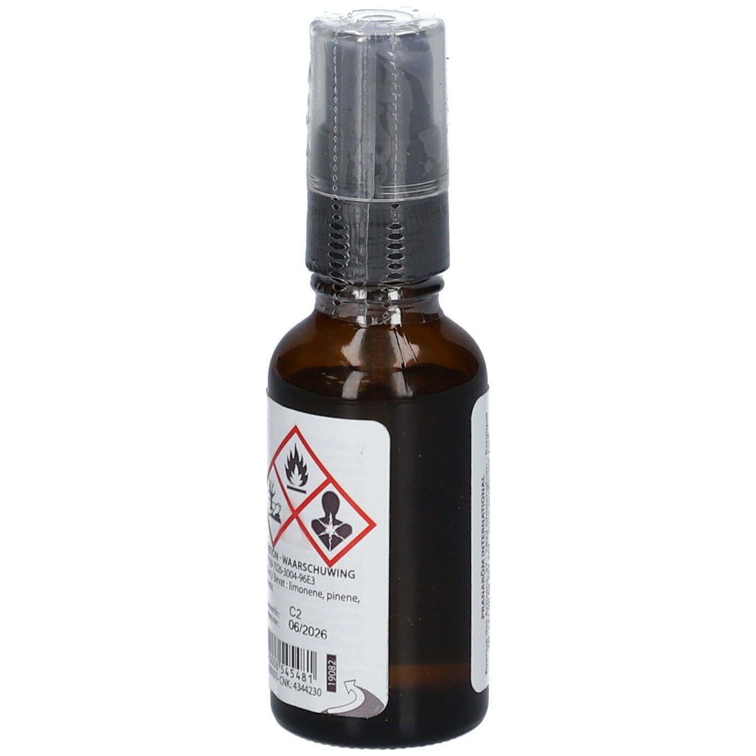 Bruine glazen fles met verstuiver. Achterkant met waarschuwingssymbolen en productinformatie.