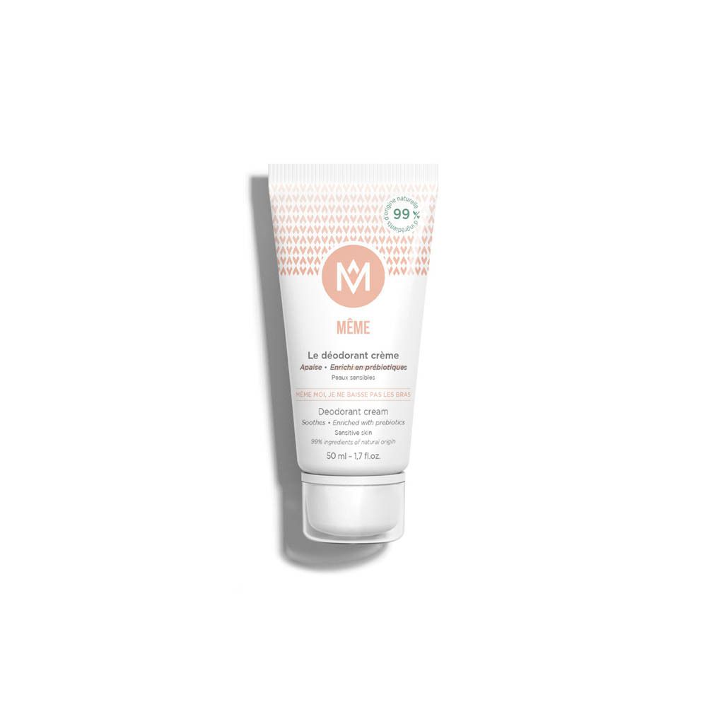 Witte crème deodorant tube. Logo en tekst. 99% natuurlijke ingrediënten. Voor gevoelige huid.