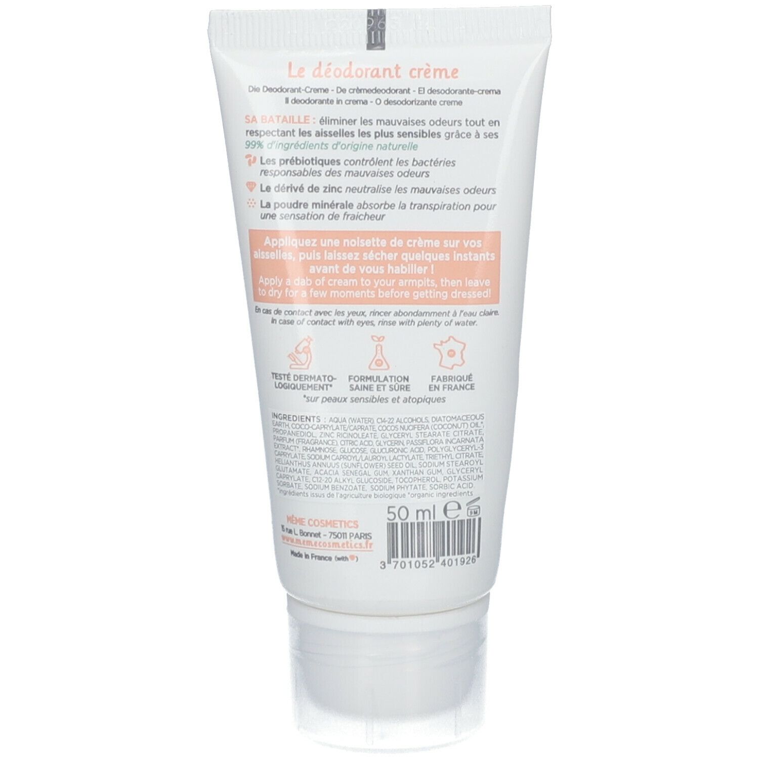 Achterkant van de crème deodorant tube. Tekst met ingrediënten en instructies. Gemaakt in Frankrijk.