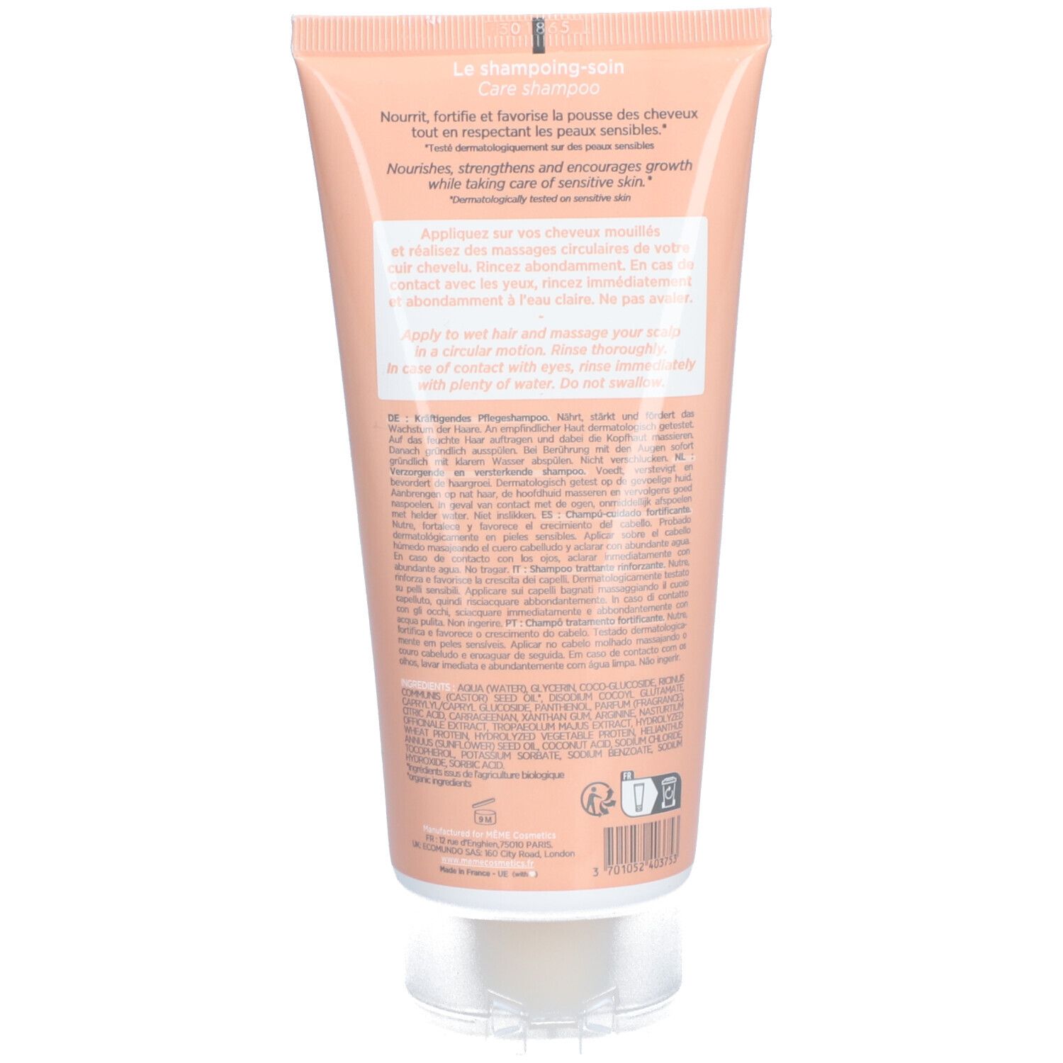 Achterkant van een roze tube met witte dop. Tekst: gebruiksaanwijzing, ingrediënten, fabrikantinfo en barcode.