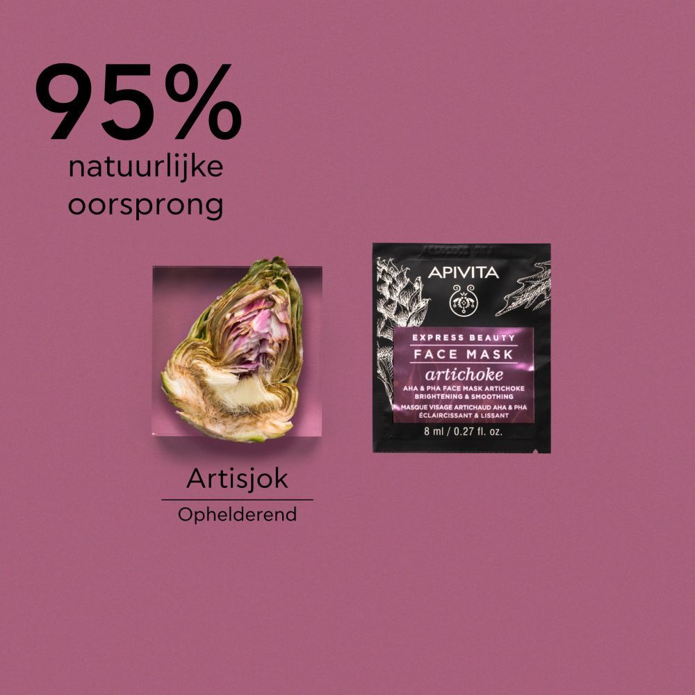 Artisjok en maskerzakje op paarse achtergrond. Tekst: EXPRESS BEAUTY FACE MASK ARTICHOKE. 95% natuurlijke oorsprong.