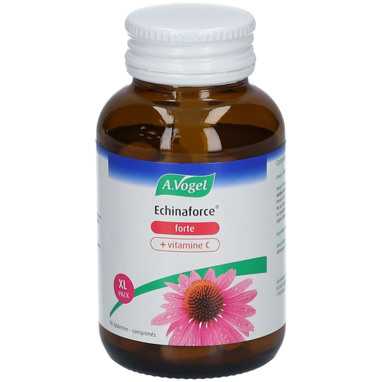Braune Glasflasche mit weißem Deckel. A.Vogel Echinaforce forte + Vitamin C. XL Pack.