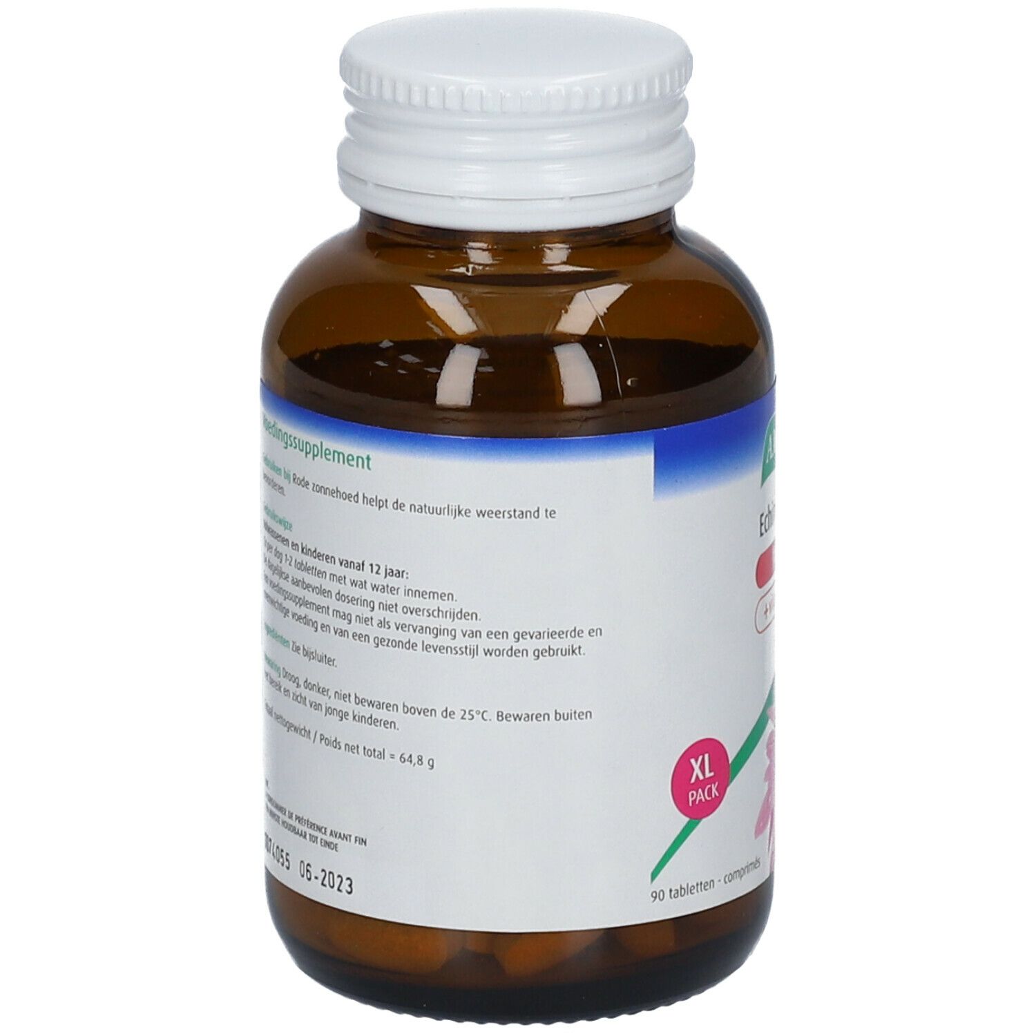 Rückseite der braunen Glasflasche. Text: Nahrungsergänzungsmittel. 90 Tabletten. A.Vogel.