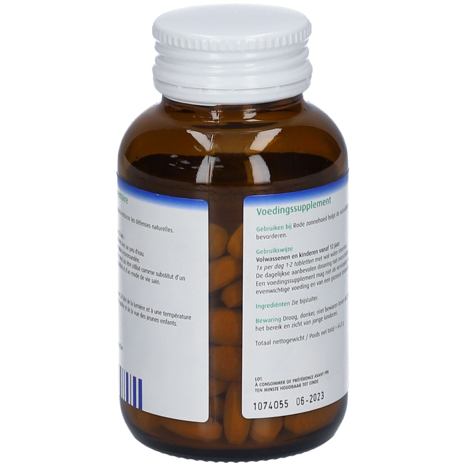 Rückseite der braunen Glasflasche. Text: Nahrungsergänzungsmittel. 90 Tabletten. A.Vogel.