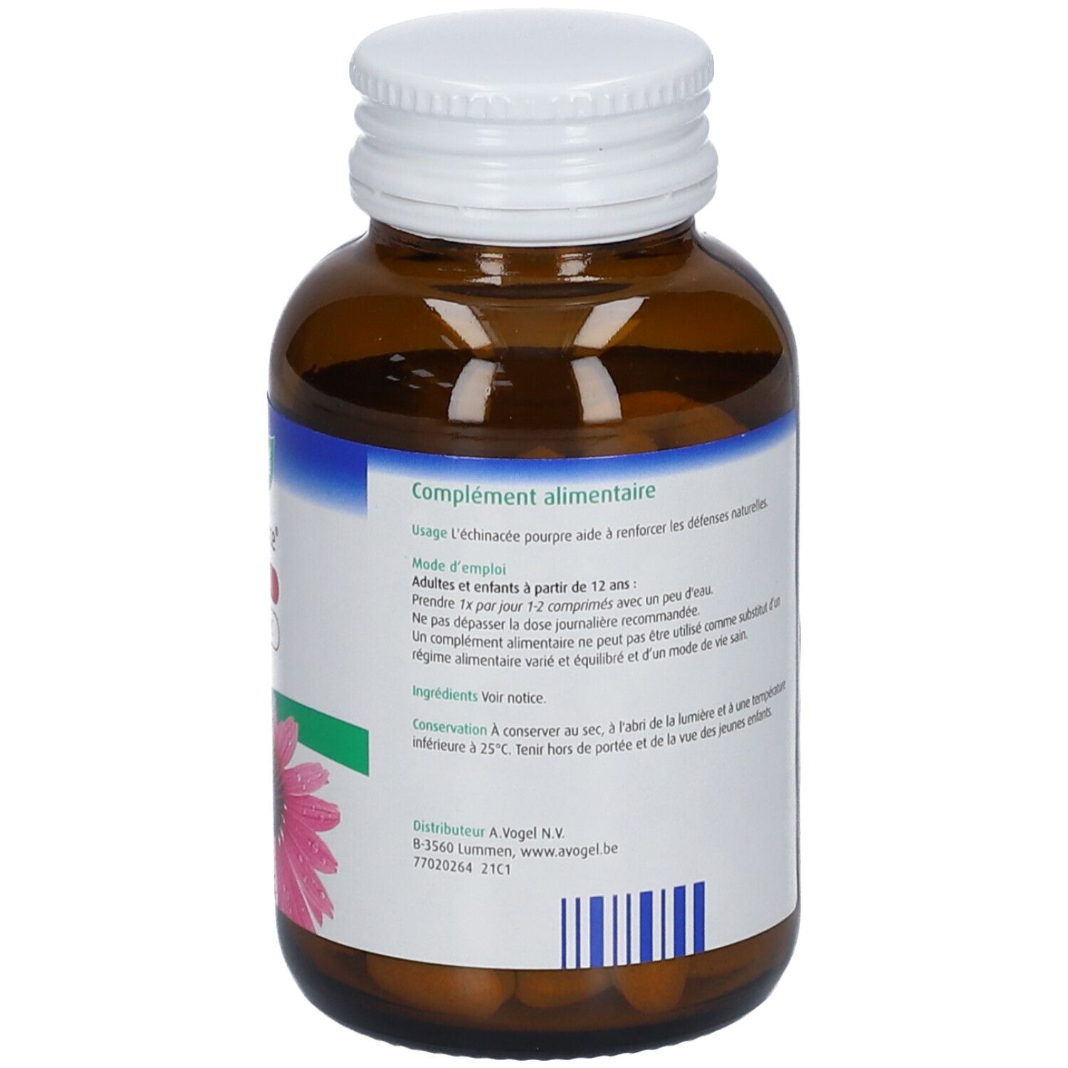 Rückseite der braunen Glasflasche. Text: Nahrungsergänzungsmittel. 90 Tabletten. A.Vogel.