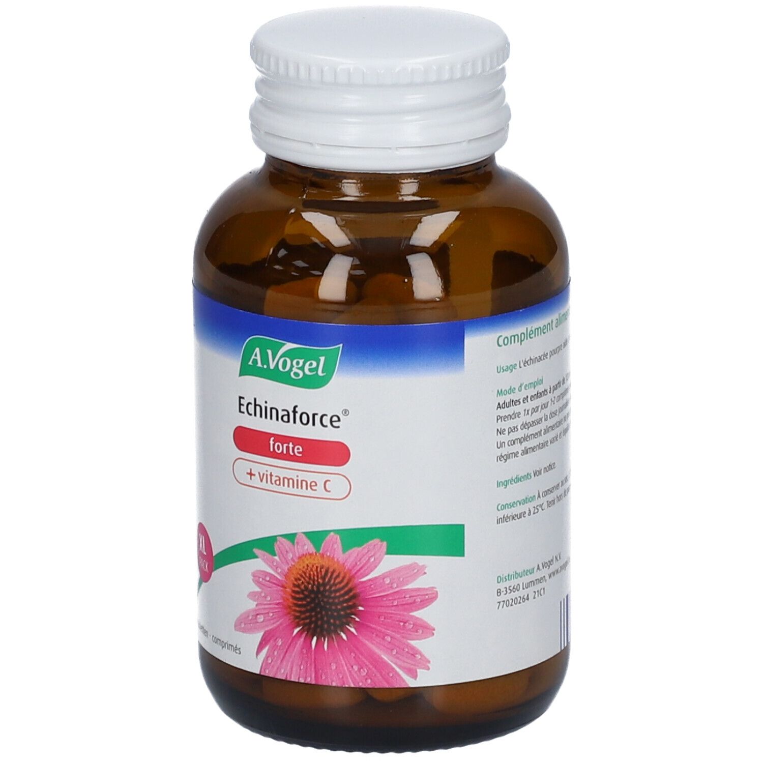 Braune Glasflasche mit weißem Deckel. A.Vogel Echinaforce forte + Vitamin C. XL Pack.