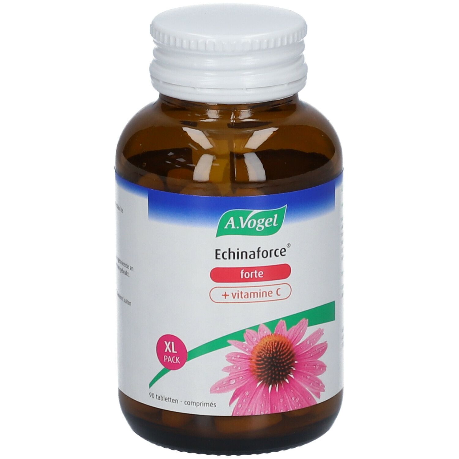 Braune Glasflasche mit weißem Deckel. A.Vogel Echinaforce forte + Vitamin C. XL Pack. 90 Tabletten.