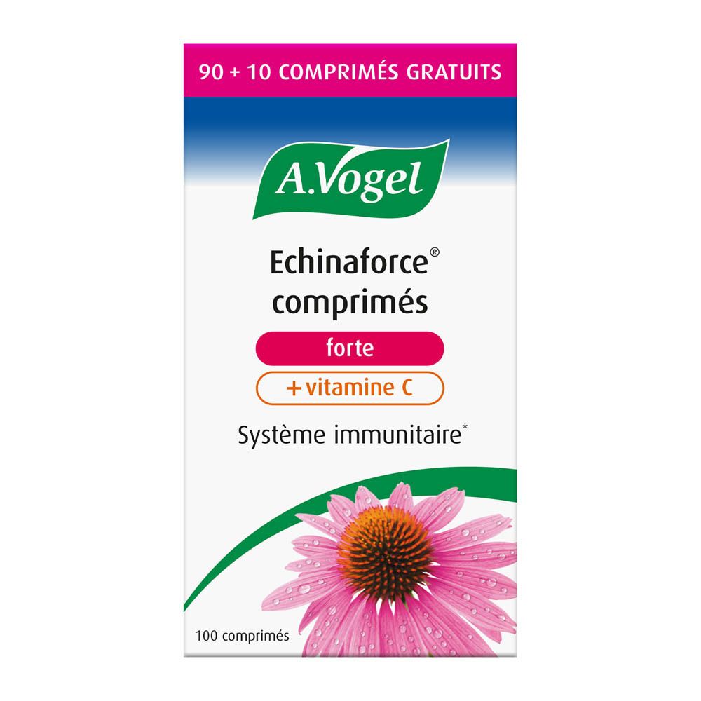Productverpakking. Doos met A.Vogel, Echinaforce tabletten forte + Vitamine C. 100 tabletten.
