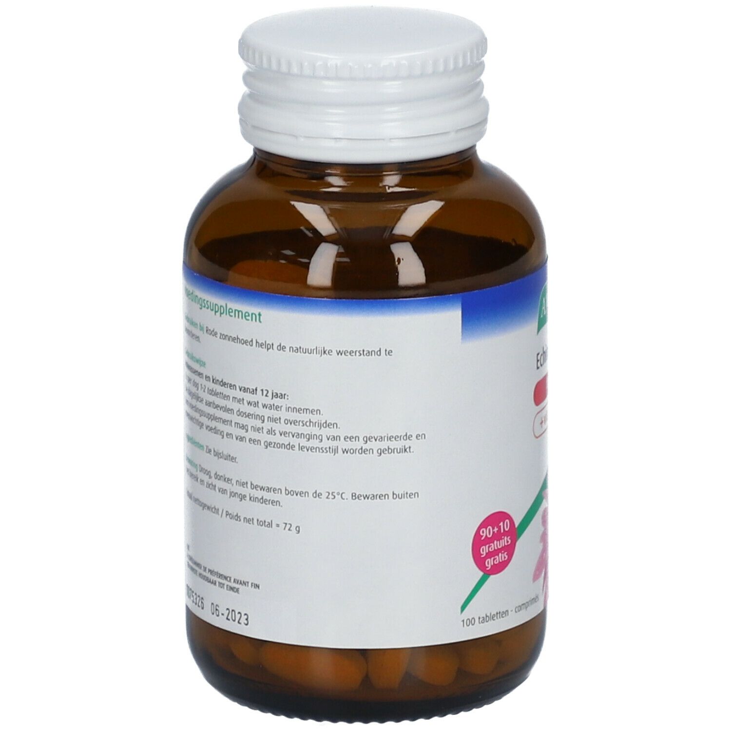 Rückseite der Flasche mit Produktinformationen. Text in deutscher Sprache. Enthält 100 Tabletten.