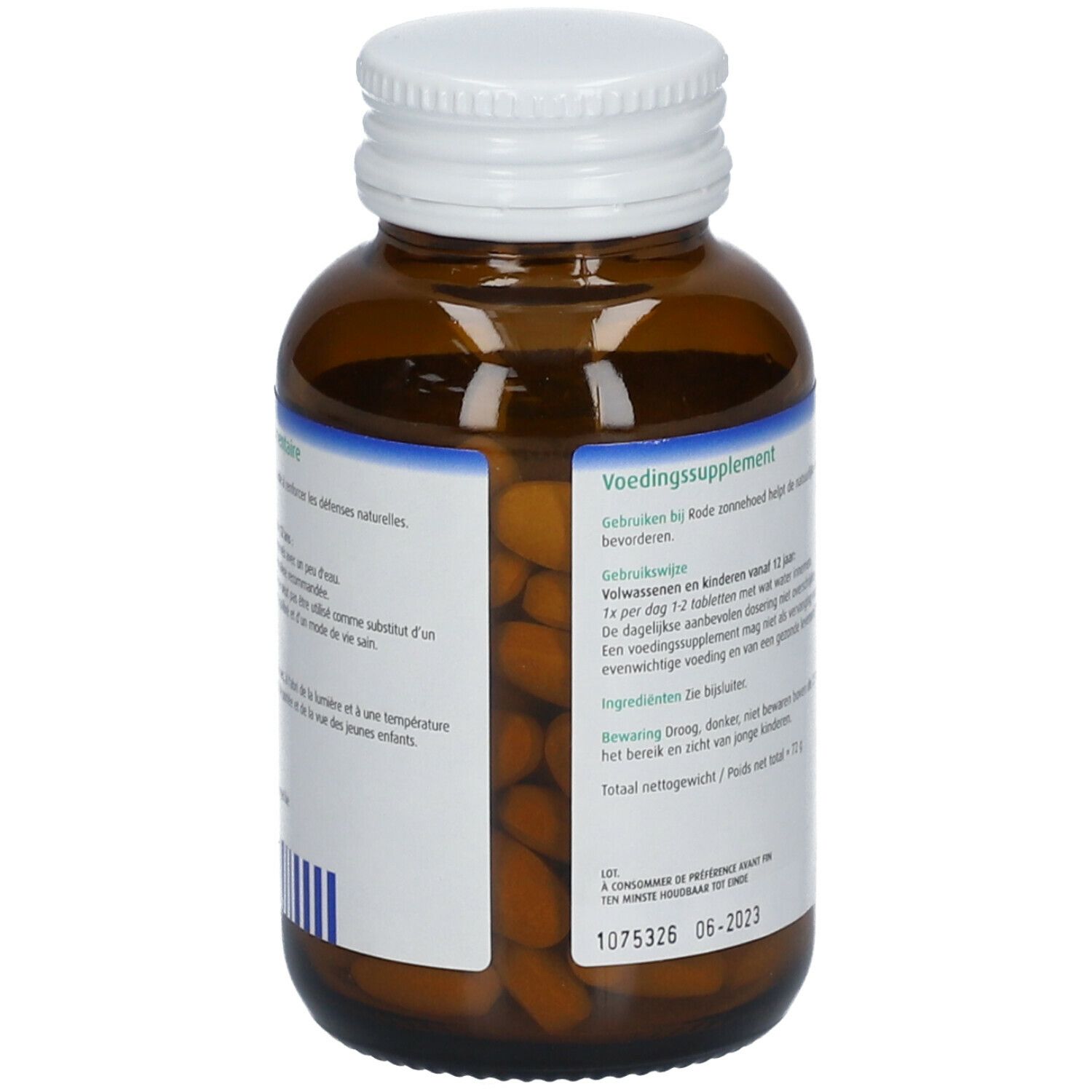 Rückseite der Flasche mit Produktinformationen. Text in niederländischer Sprache. Enthält 100 Tabletten.