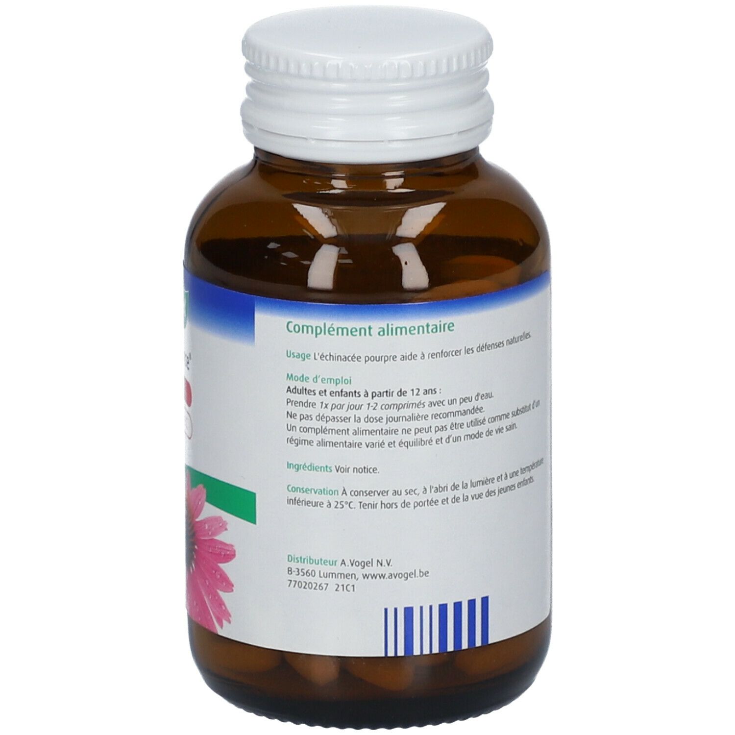 Rückseite der Flasche mit Produktinformationen. Text in französischer Sprache. Enthält 100 Tabletten.