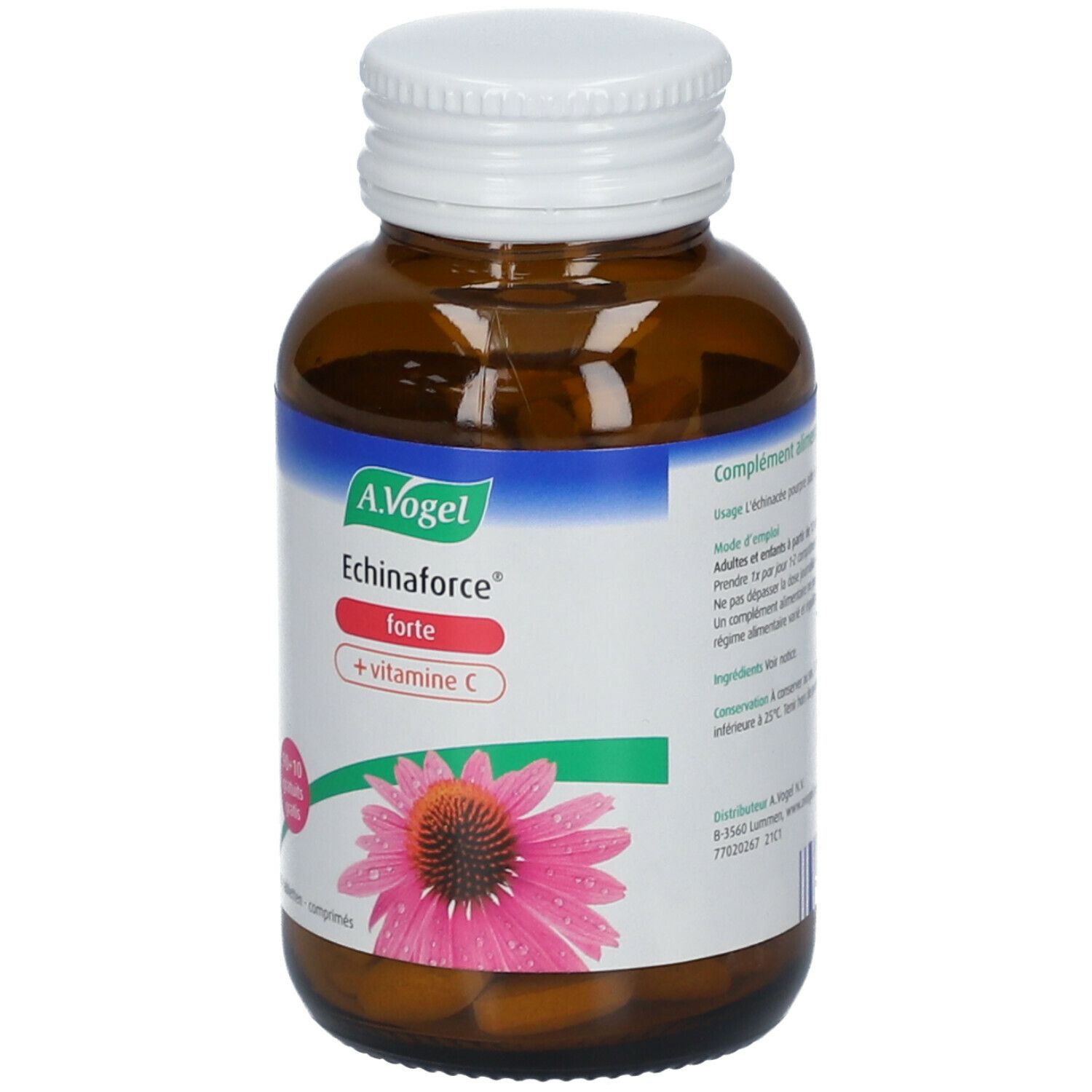 Braune Glasflasche mit weißem Deckel. Etikett mit A.Vogel, Echinaforce forte + Vitamin C. 100 Tabletten.