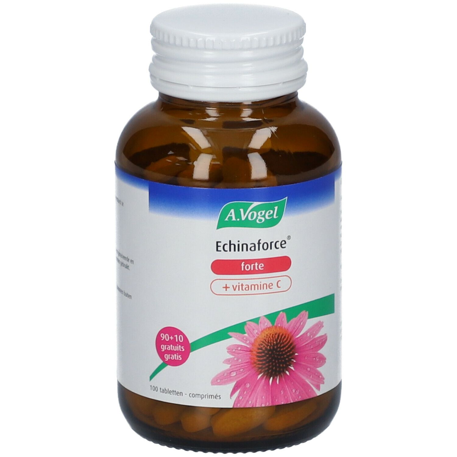 Braune Glasflasche mit weißem Deckel. Etikett mit A.Vogel, Echinaforce forte + Vitamin C. 100 Tabletten.