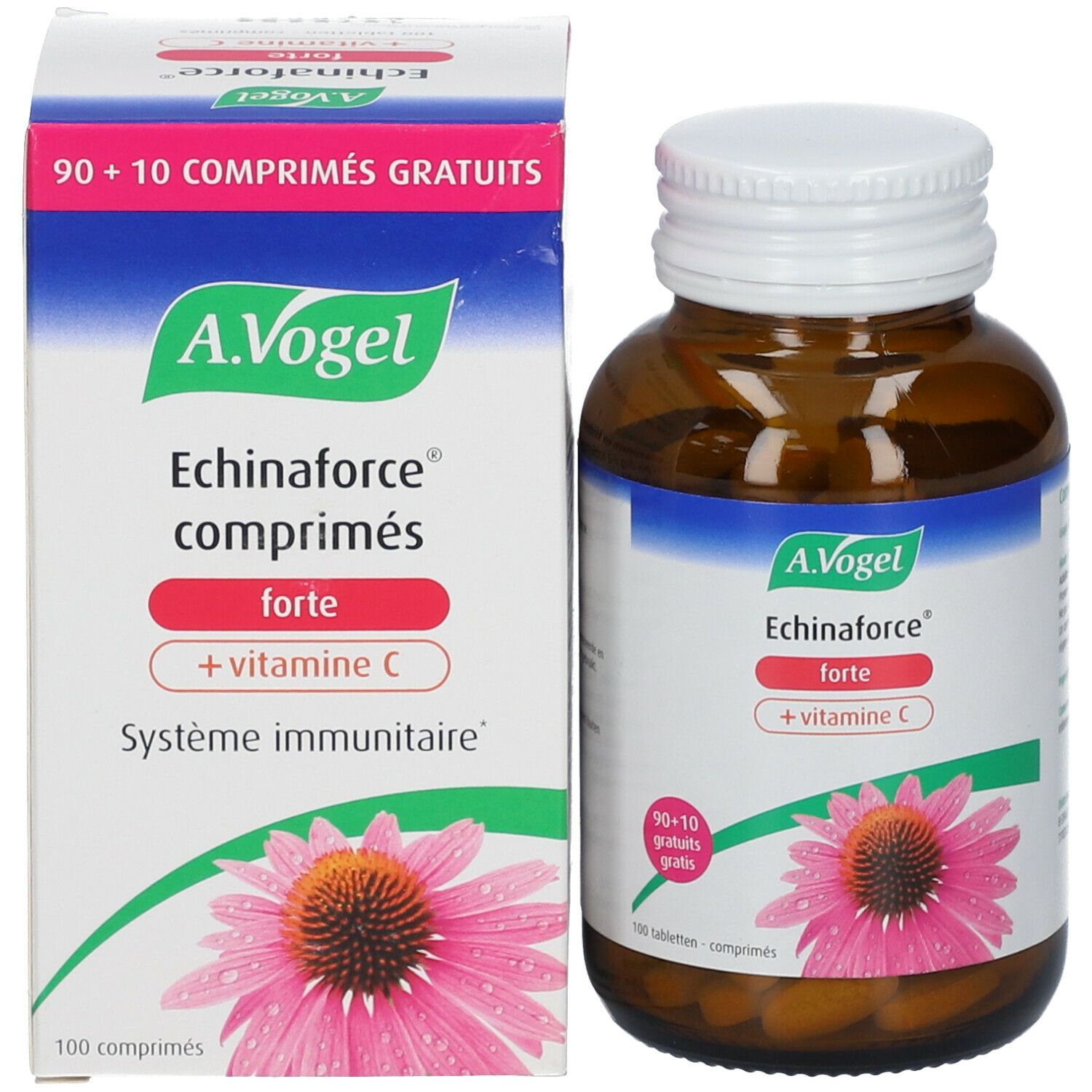 Produktverpackung und Flasche. Schachtel mit A.Vogel, Echinaforce forte + Vitamin C. Flasche mit 100 Tabletten.
