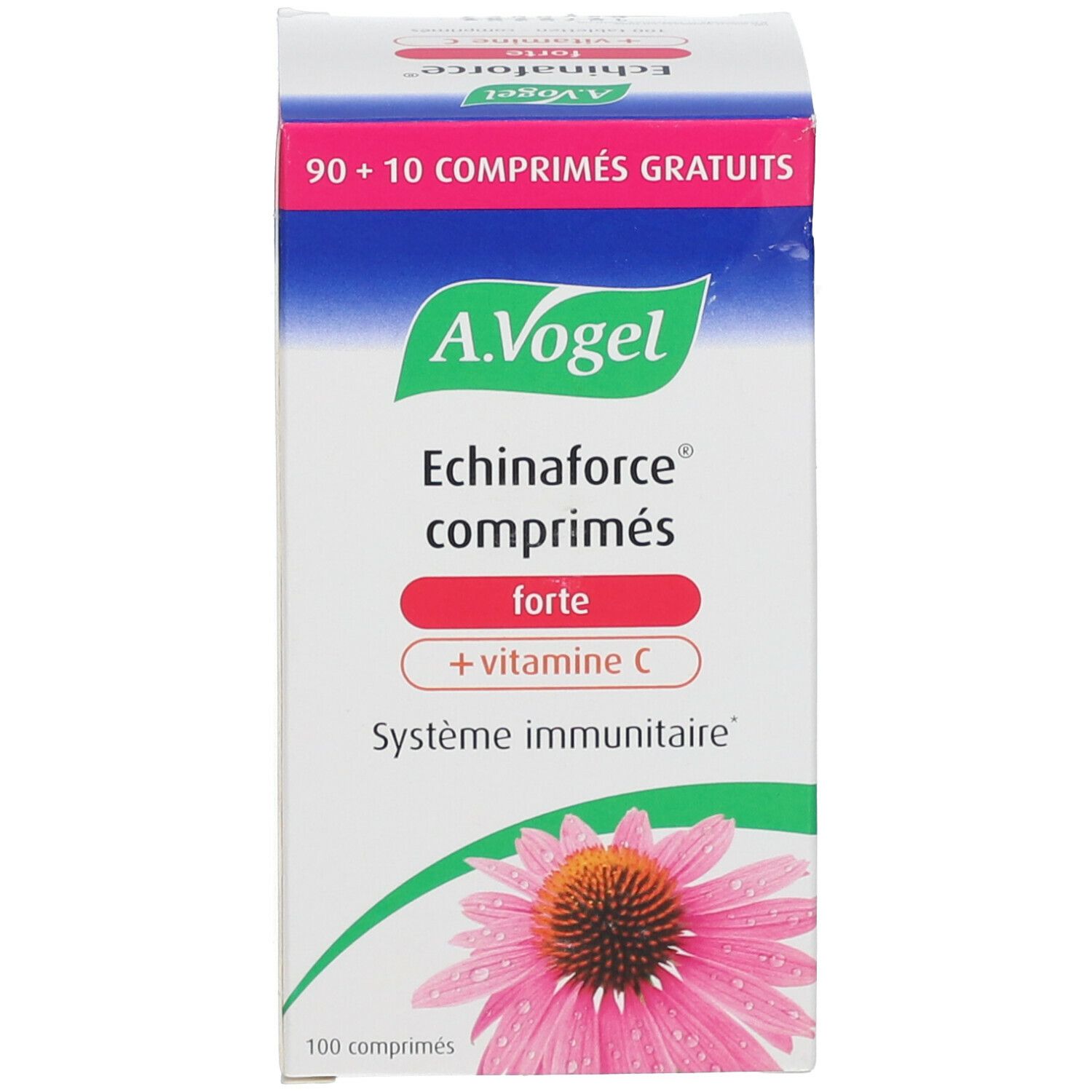 Produktverpackung. Schachtel mit A.Vogel, Echinaforce forte + Vitamin C. 100 Tabletten.