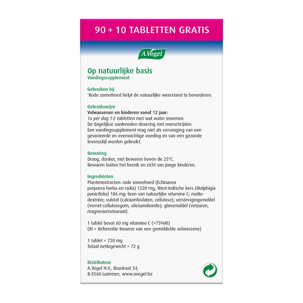 Achterkant van de productverpakking. Tekst in het Nederlands. Bevat 100 tabletten.