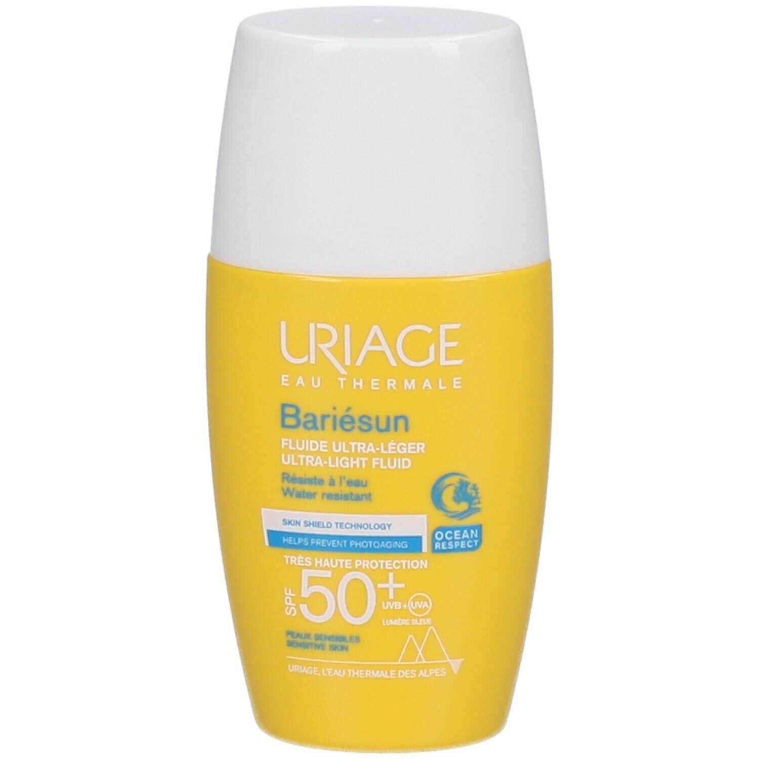 Flacon jaune et bouchon blanc. Inscriptions: URIAGE, Bariésun, Fluide ultra-léger SPF50. Avec SPF50+ et Ocean Respect.