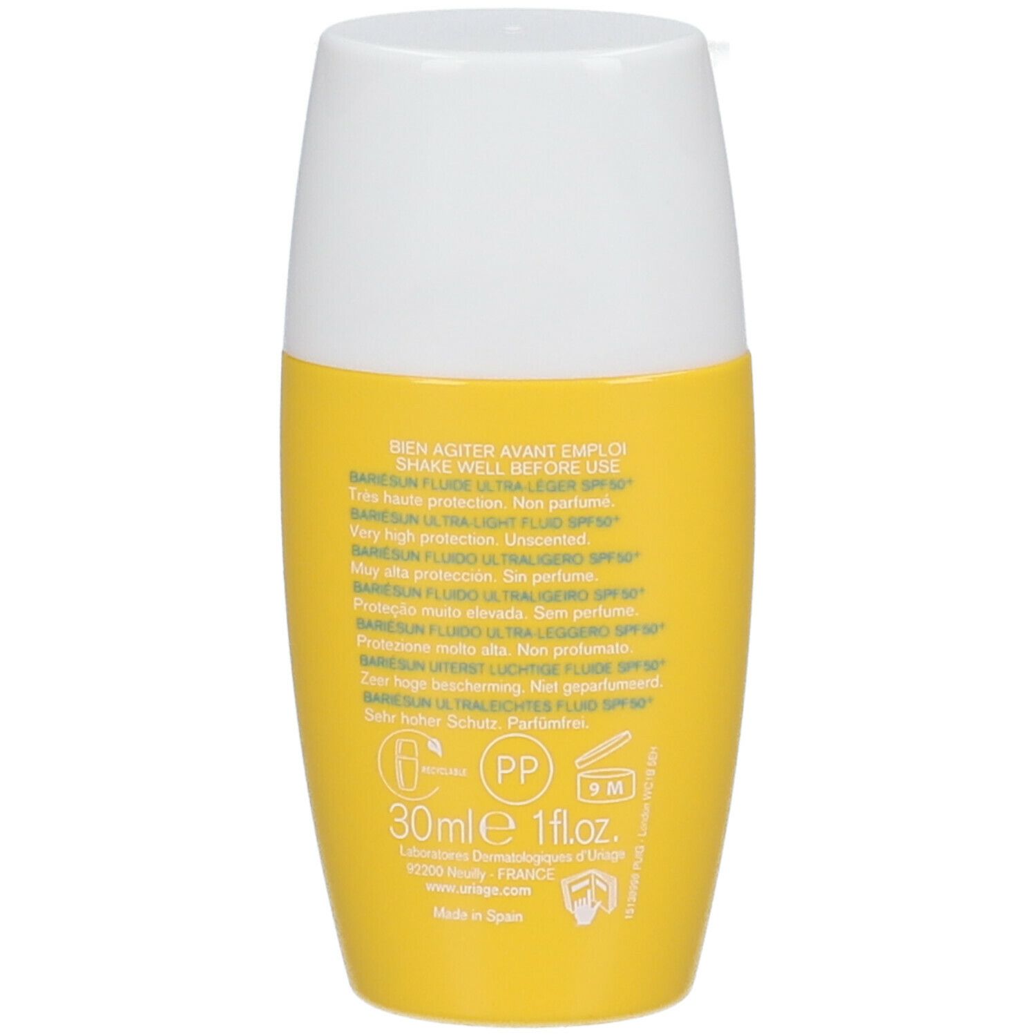 Dos du flacon jaune. Texte multilingue. Contient des informations sur les ingrédients et l'utilisation. Volume: 30ml.