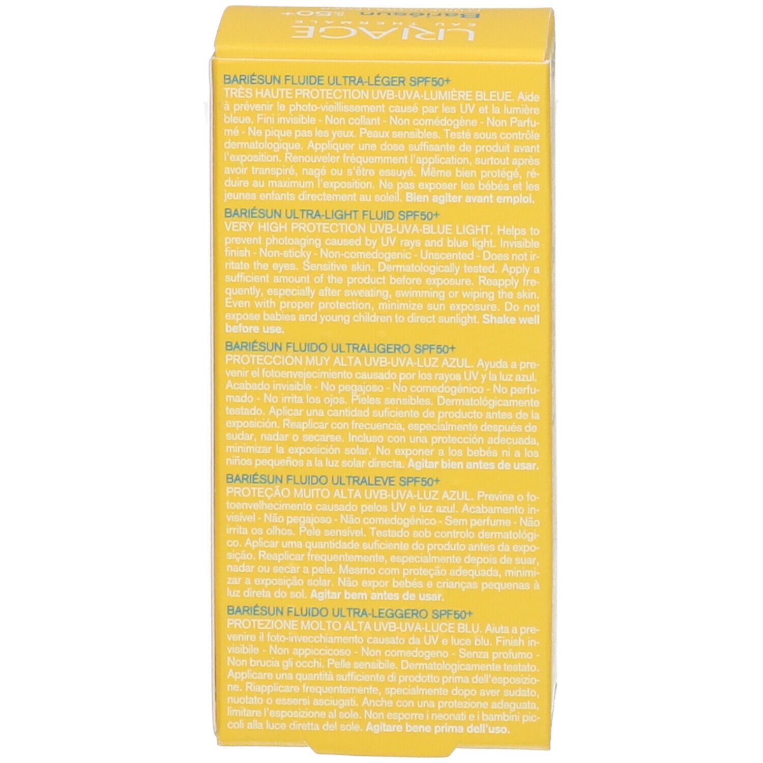 Côté de la boîte jaune. Texte multilingue sur le produit: Bariésun Fluide Ultra-léger SPF50+. Informations d'utilisation.