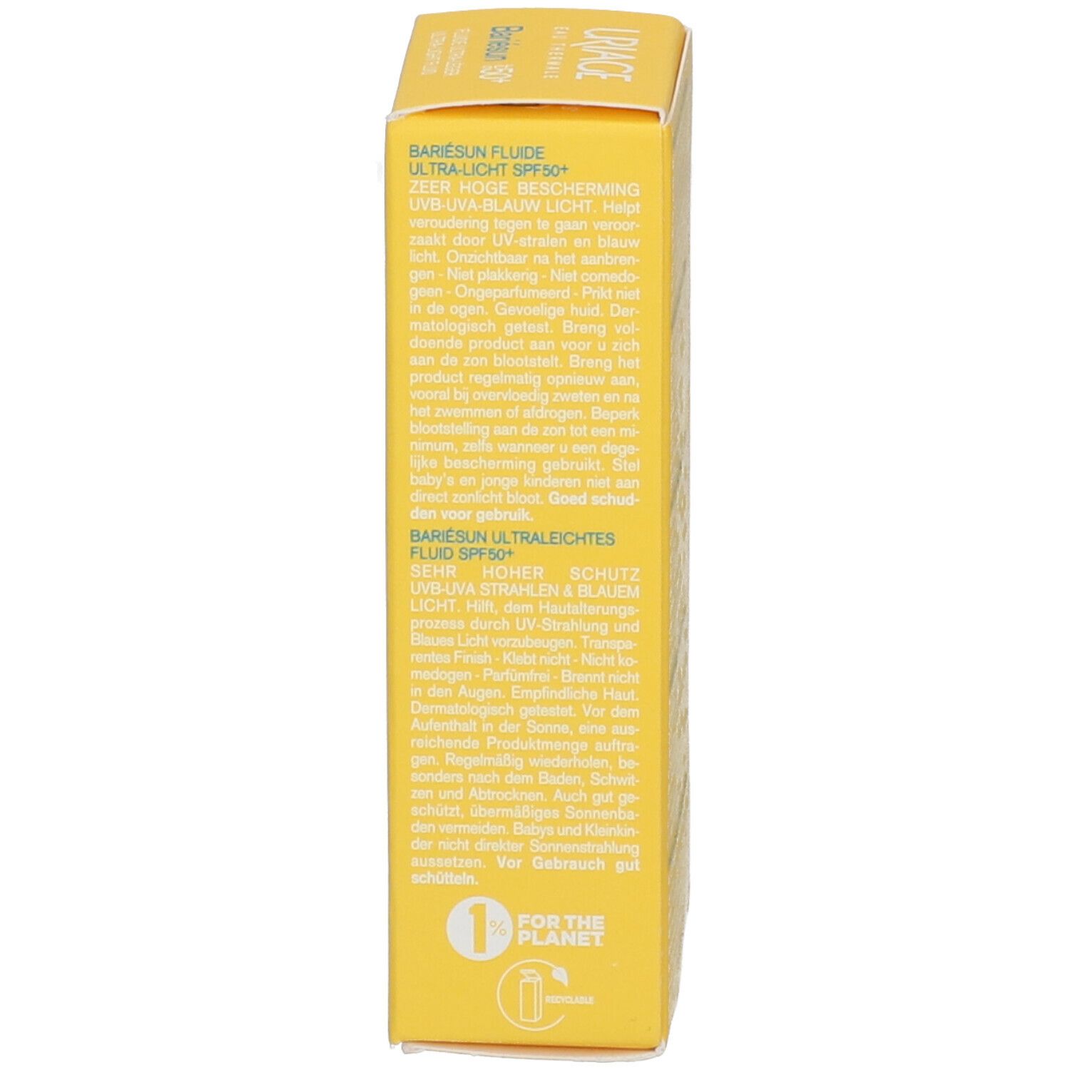 Côté de la boîte jaune. Texte multilingue sur le produit: Bariésun Fluide Ultra-léger SPF50+. Avec logo 'For the Planet'.