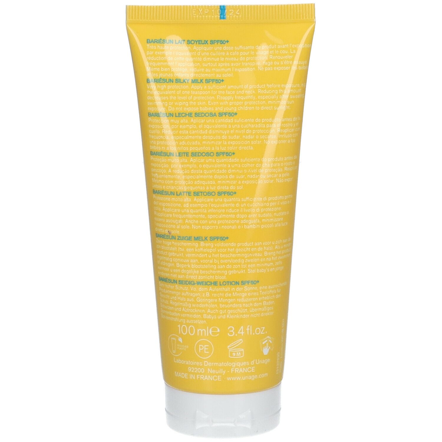 Achterkant van een gele tube. Meertalige tekst. URIAGE BARIÉSUN Lait Soyeux SPF50+. 100ml. Recyclingsymbolen.