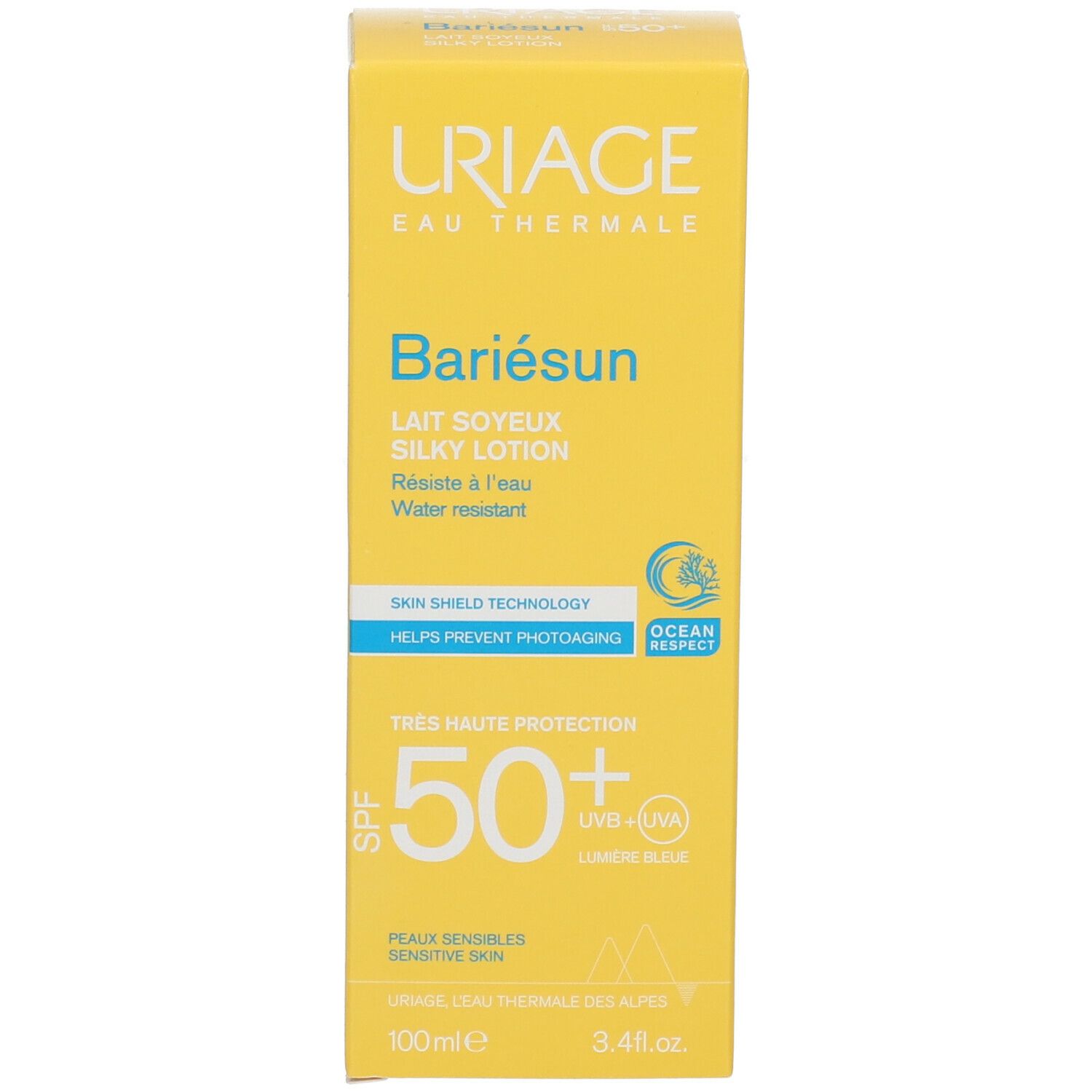 Gele doos met URIAGE BARIÉSUN. Opschrift: Lait Soyeux, SPF 50+. Waterbestendig. Blauwe tekst. 100ml.