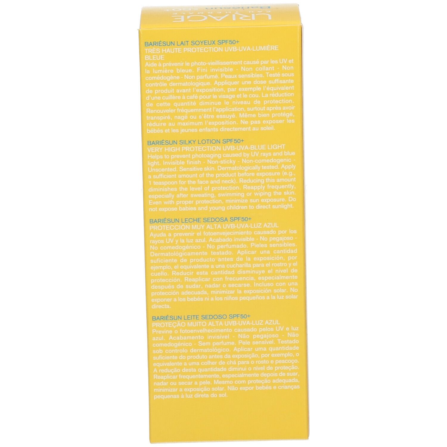 Gele doos met tekst. URIAGE BARIÉSUN Lait Soyeux SPF50+. Meertalige tekst. Informatie over gebruik en ingrediënten.