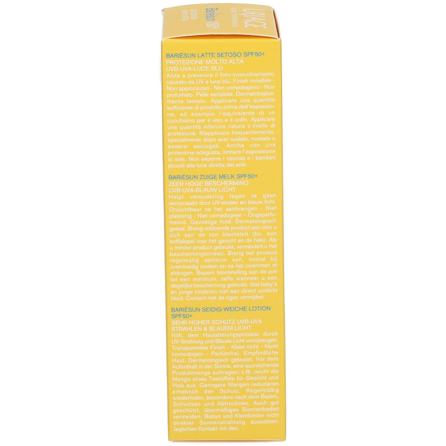 Gele doos met tekst. URIAGE BARIÉSUN Lait Soyeux SPF50+. Meertalige tekst. Informatie over gebruik en ingrediënten.