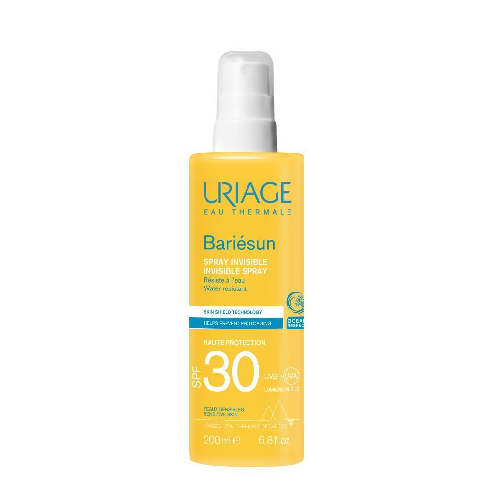 URIAGE BARIÉSUN Spray Invisible SPF30. Texte sur la peau : Léger, absorption rapide, non collant, sans effet blanc.