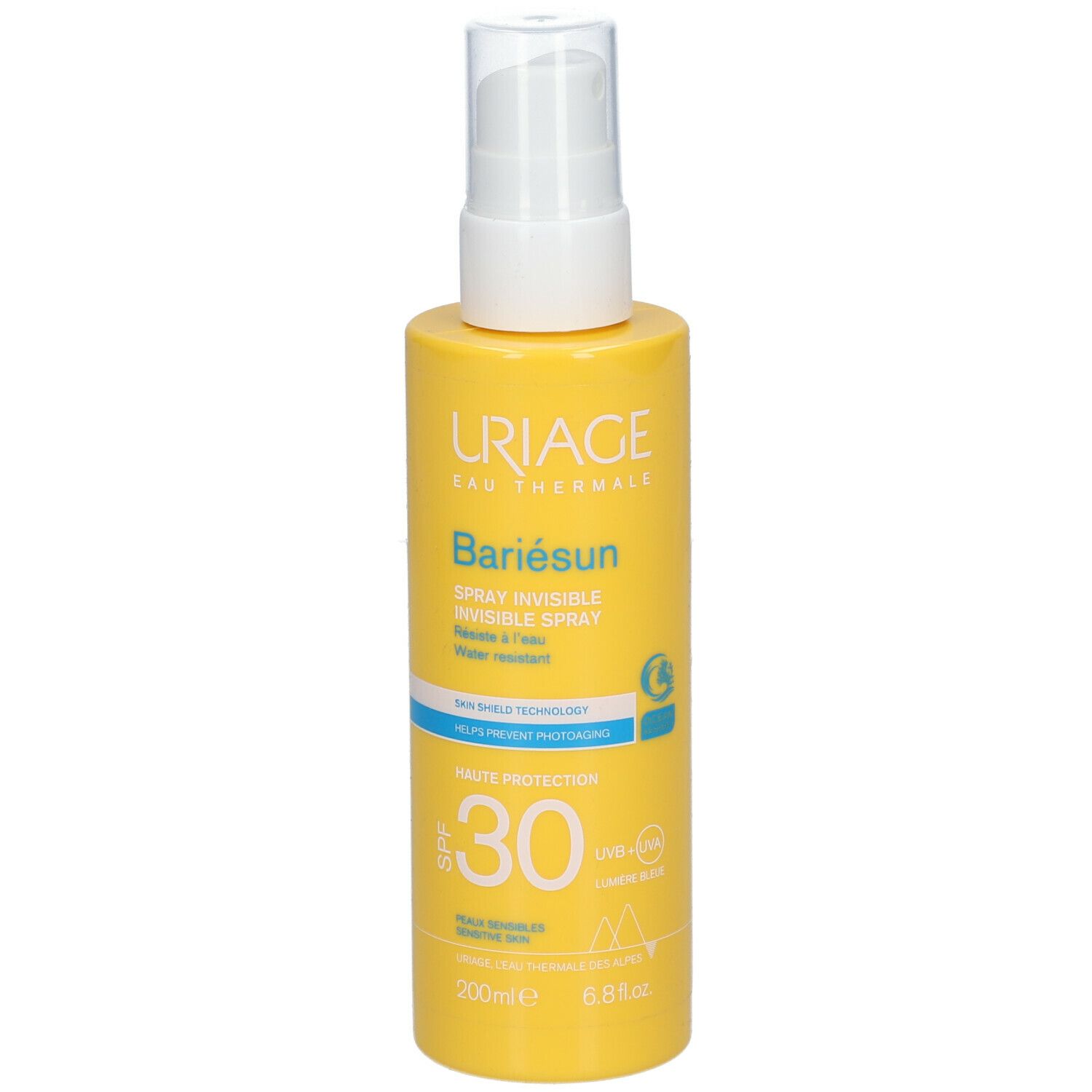 Flacon jaune avec vaporisateur blanc. URIAGE BARIÉSUN Spray Invisible SPF30. Inscription SPF30.