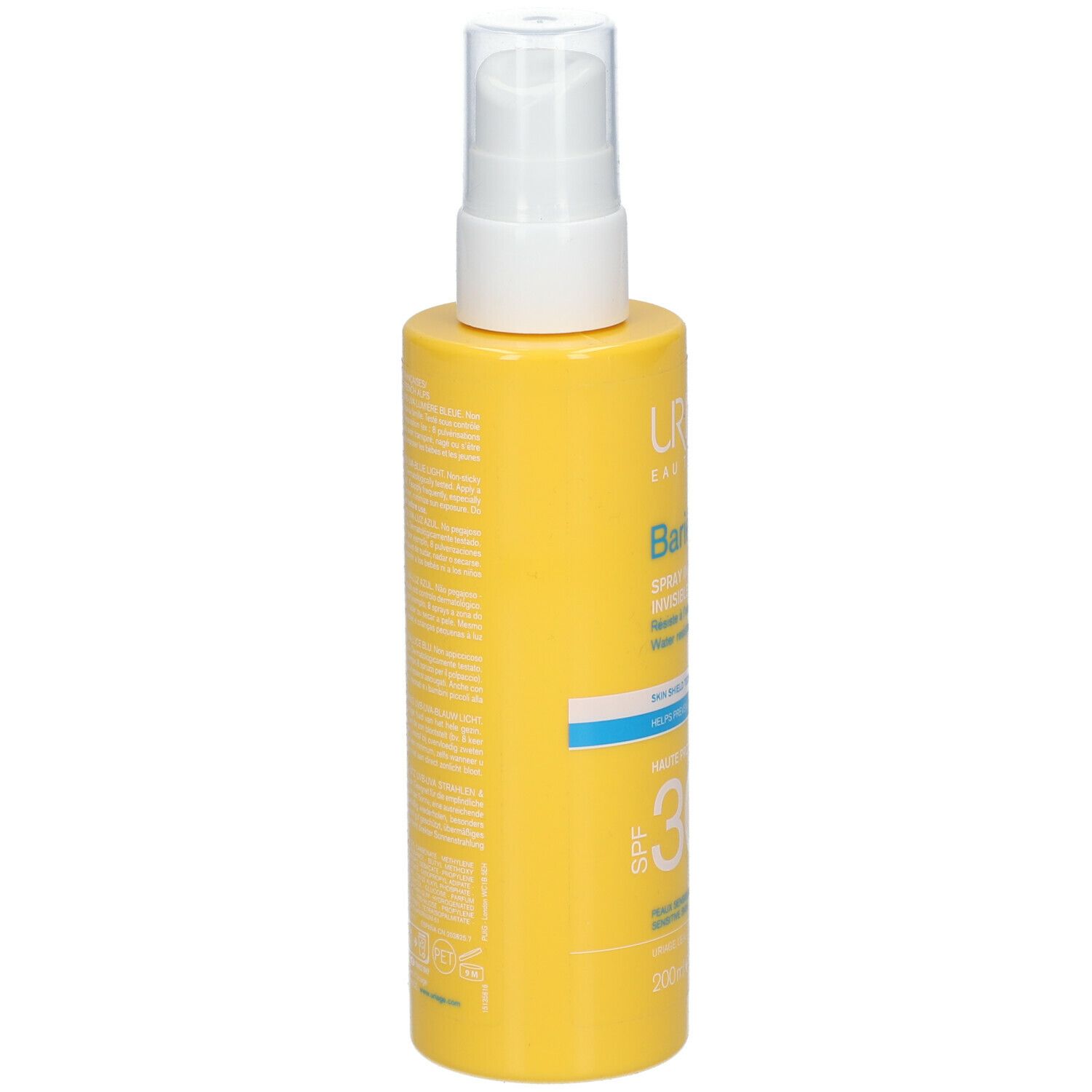 Flacon jaune avec vaporisateur blanc. URIAGE BARIÉSUN Spray Invisible SPF30. Dos avec texte.