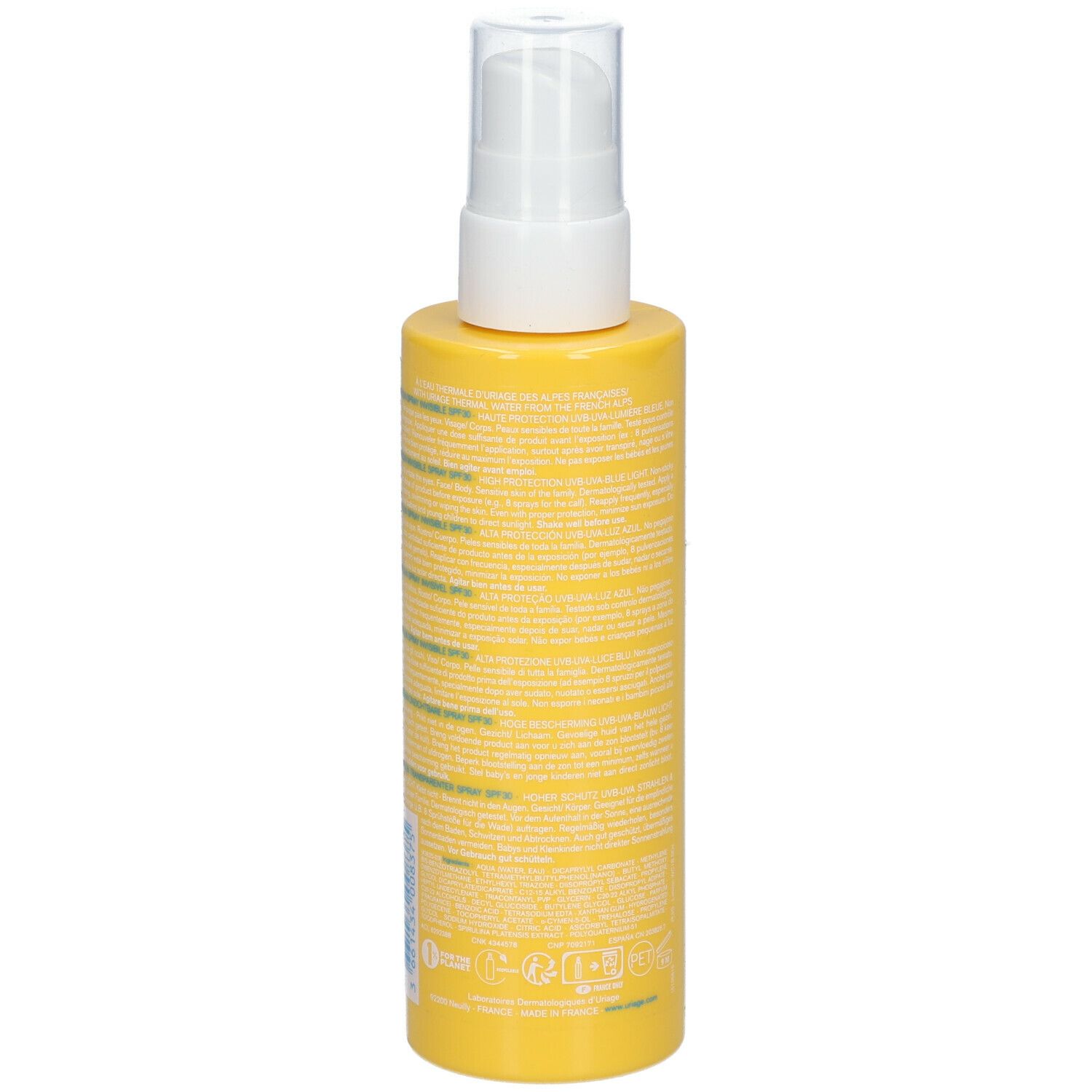 Flacon jaune avec vaporisateur blanc. URIAGE BARIÉSUN Spray Invisible SPF30. Dos avec texte.