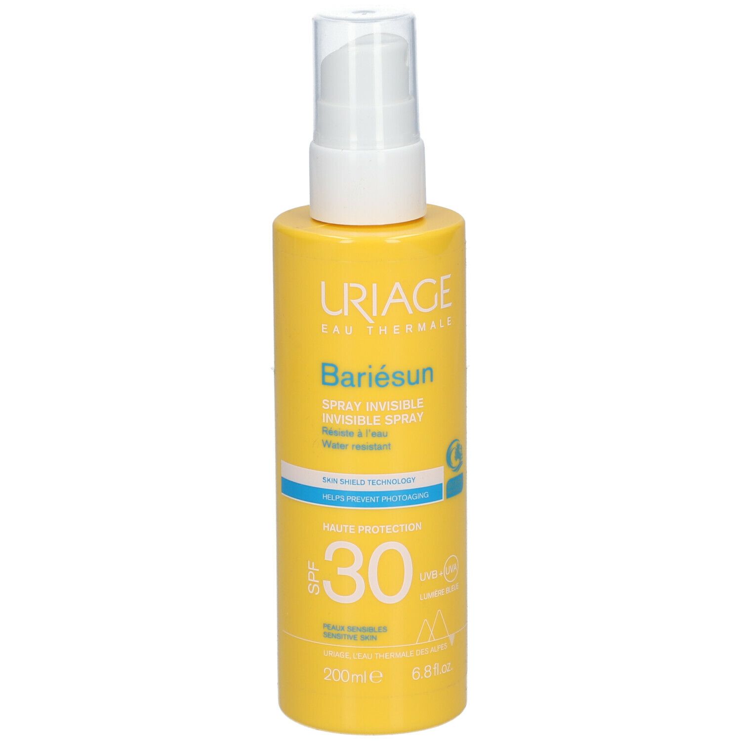 Flacon jaune avec vaporisateur blanc. URIAGE BARIÉSUN Spray Invisible SPF30. Inscription SPF30.
