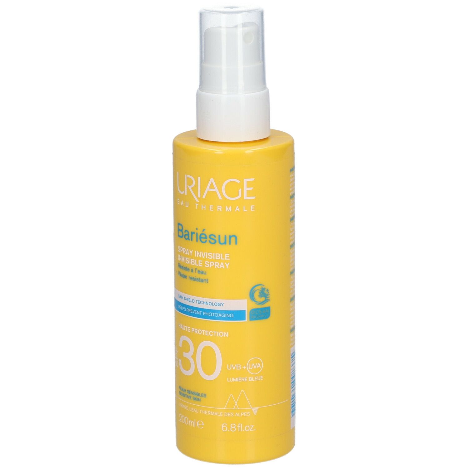 Flacon jaune avec vaporisateur blanc. URIAGE BARIÉSUN Spray Invisible SPF30. Inscription SPF30.