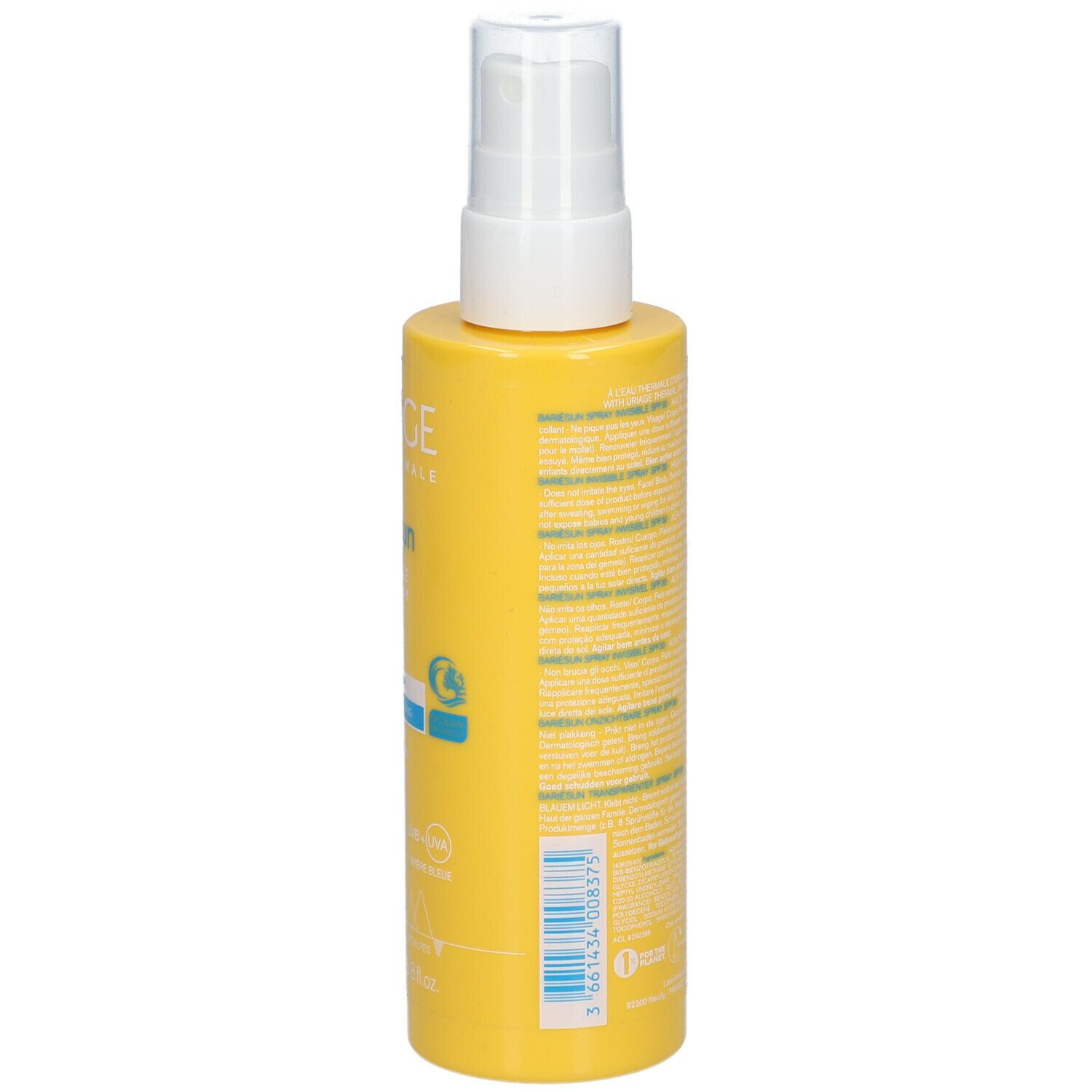 Flacon jaune avec vaporisateur blanc. URIAGE BARIÉSUN Spray Invisible SPF30. Dos avec texte.