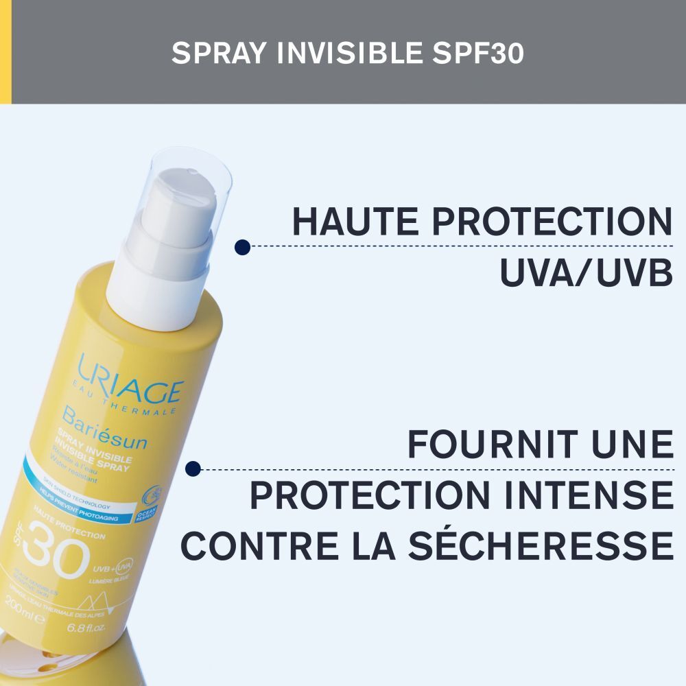 URIAGE BARIÉSUN Spray Invisible SPF30. Texte : Vitamine E, filtres organiques, [BREVET TÉLOMÈRES PROTECT], Eau Thermale d'Uriage.