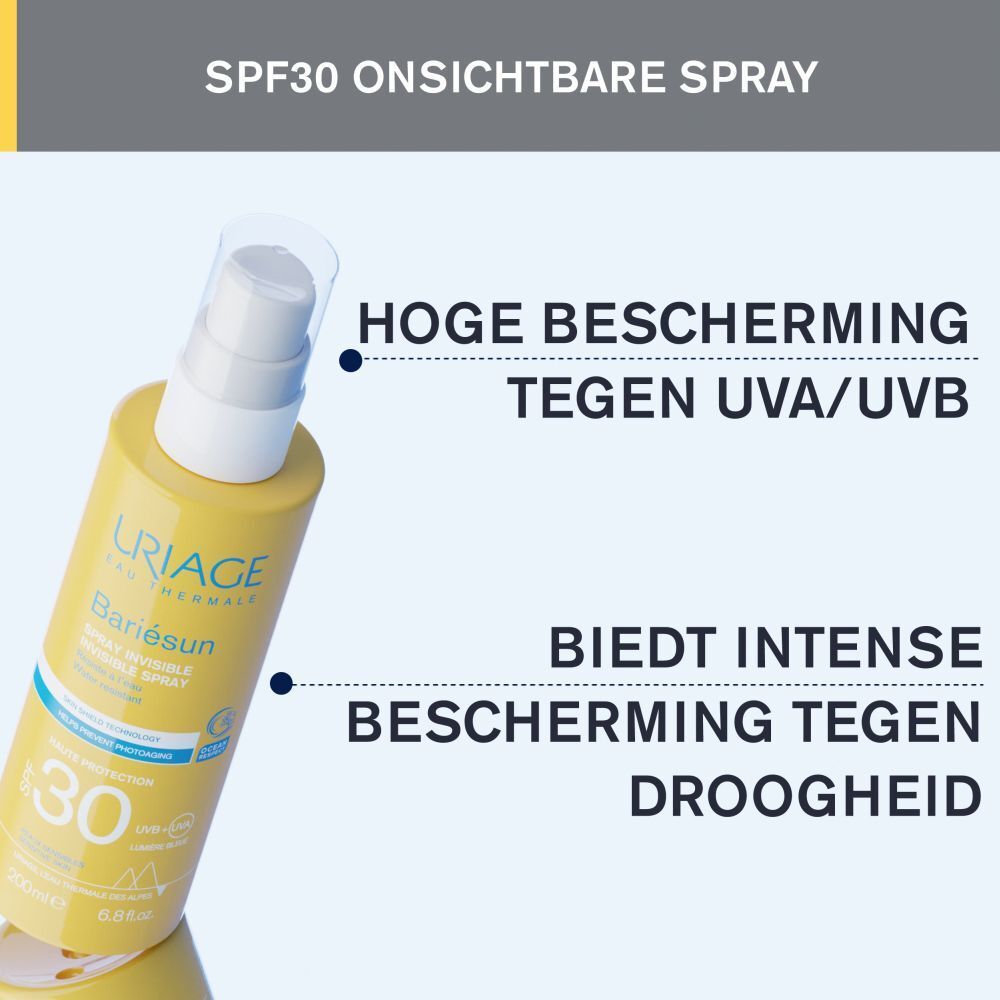 URIAGE BARIÉSUN Spray Invisible SPF30. Tekst: Hoge bescherming UVA/UVB, biedt intense bescherming tegen uitdroging.