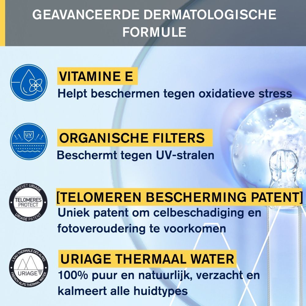 URIAGE BARIÉSUN Spray Invisible SPF30. Tekst: Vitamine E, organische filters, [TELOMEREN BESCHERMING PATENT], Uriage Thermaal Water.